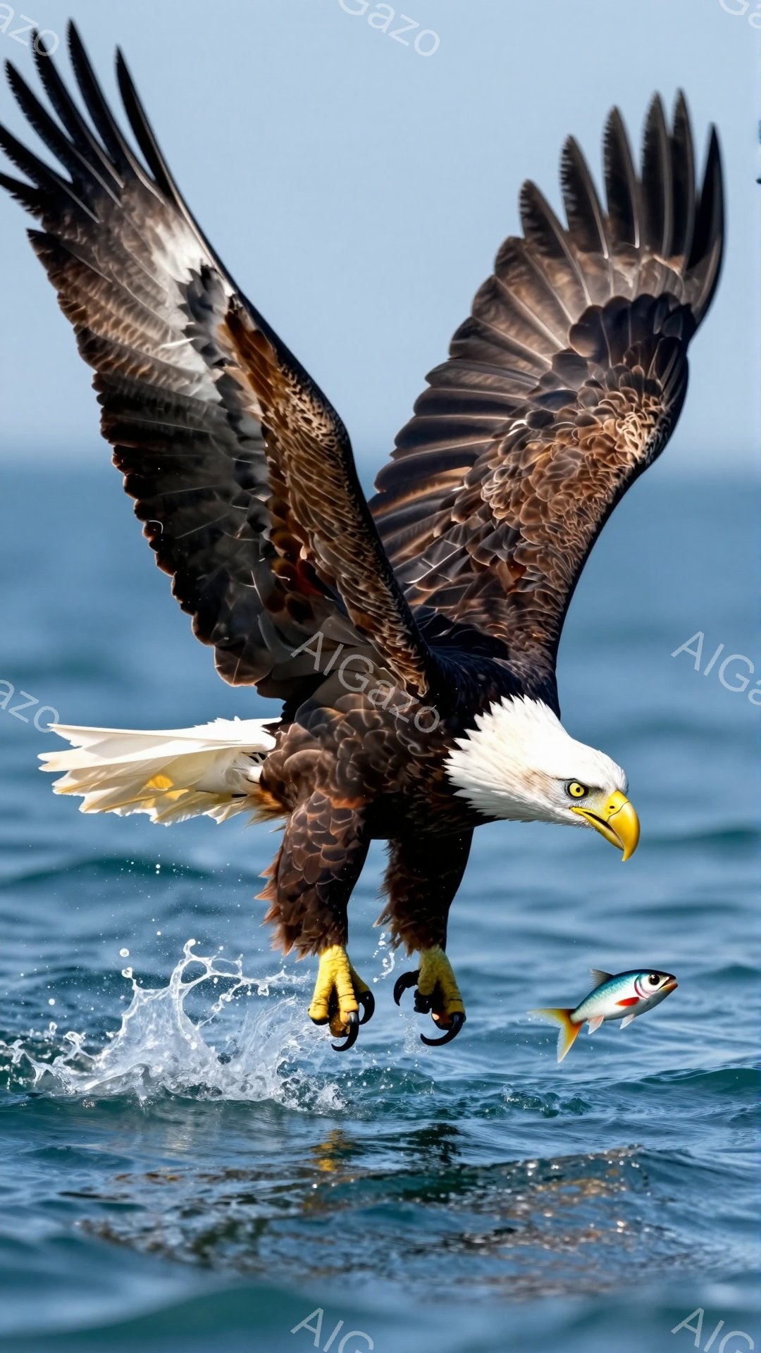 ハクトウワシが獲物を捕らえ、急降下している瞬間を捉えた写真です。鮮やかな青い海面とのコントラストが印象的で、力強い翼を広げた姿は躍動感に満ちています。水しぶきと獲物の魚が、まさに狩りの一瞬を表現しています。