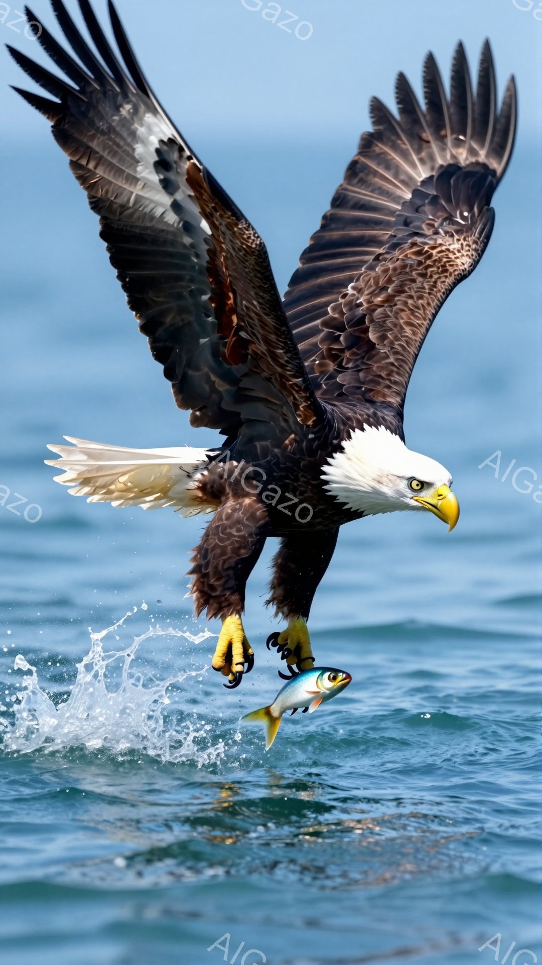 オオワシが獲物の鮭を抱えて海面を飛び立っています。翼を大きく広げ、鋭い爪でしっかりと鮭を掴んでいる様子が力強く描かれています。海面には水しぶきが飛び散り、迫力のある瞬間を捉えています。