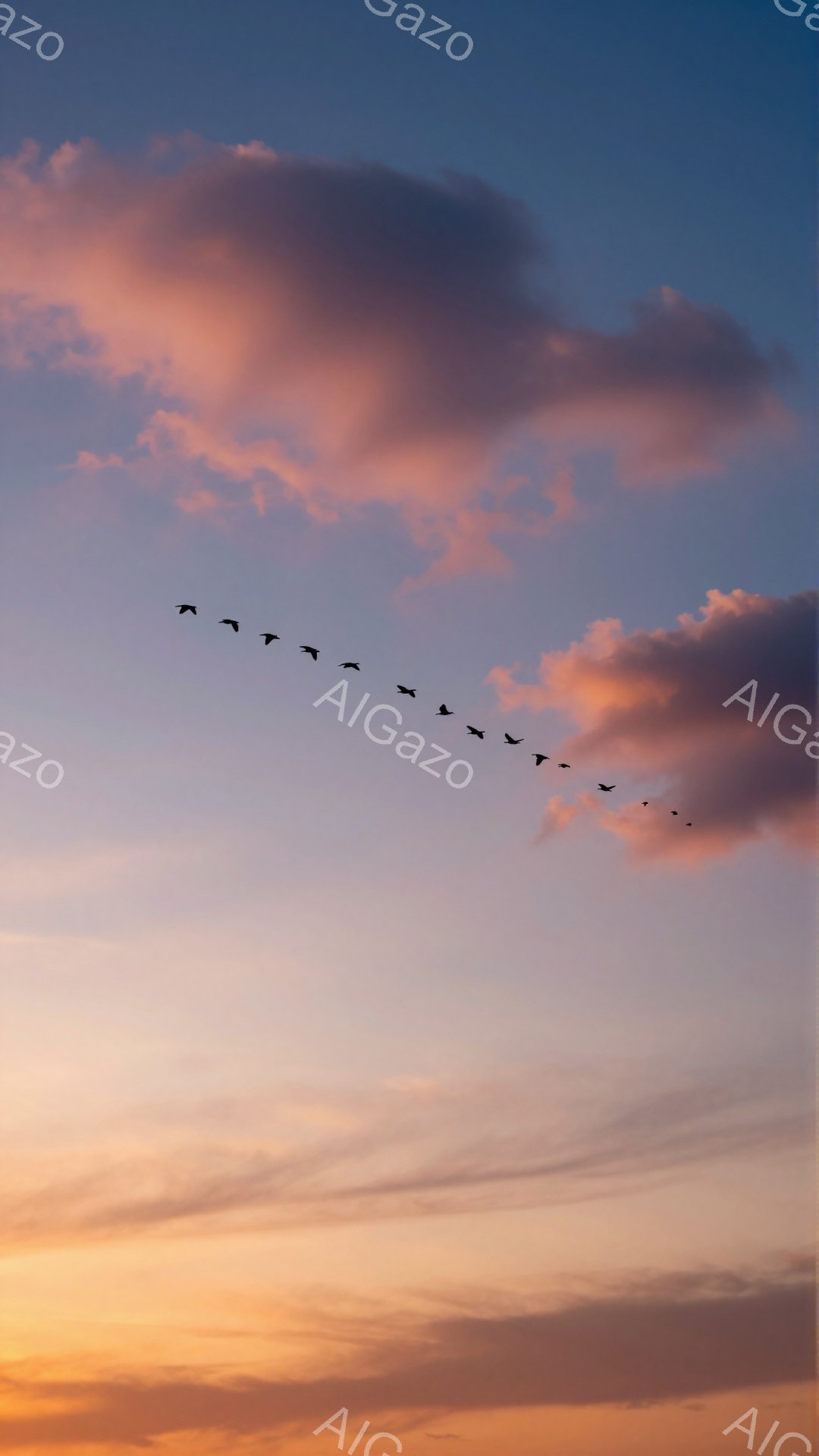 夕焼け空をV字型に鳥たちが飛んでいる。空はオレンジ色とピンク色が混ざり合い、美しく幻想的な雰囲気を作り出している。穏やかで平和な光景が印象的だ。