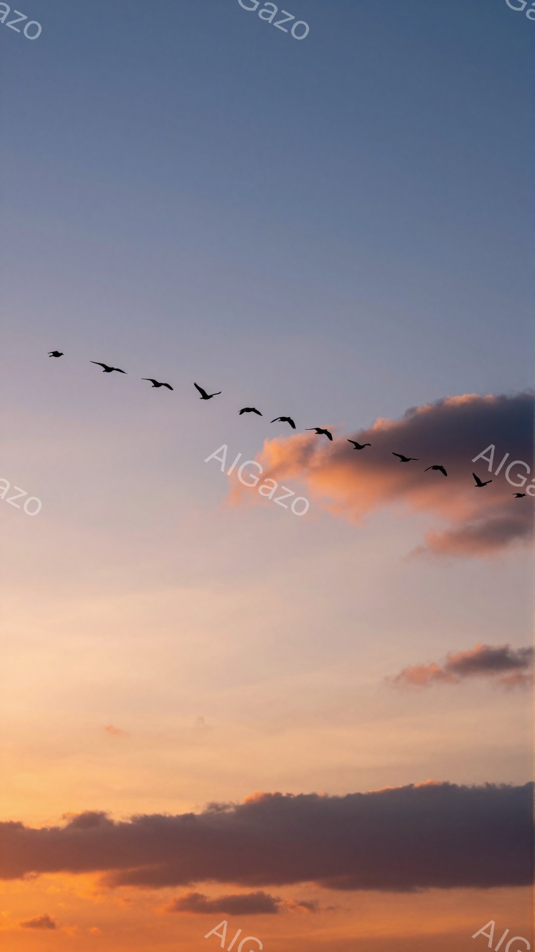 鮮やかな夕焼け空を、V字編隊で鳥たちが飛んでいる。空はオレンジ色とピンク色に染まり、雲がその美しい色彩を際立たせている。穏やかで平和な雰囲気が漂う空の風景だ。
