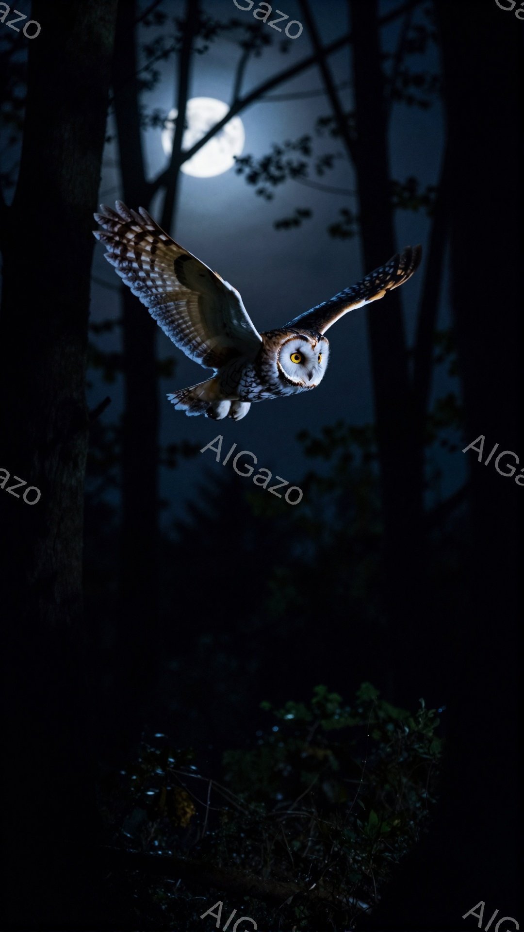 暗い森の中で、大きなフクロウが月明かりの下を飛び交っています。その目は鋭く光り、翼を大きく広げて獲物を探しているようです。木々のシルエットと月光が幻想的な雰囲気を醸し出しています。