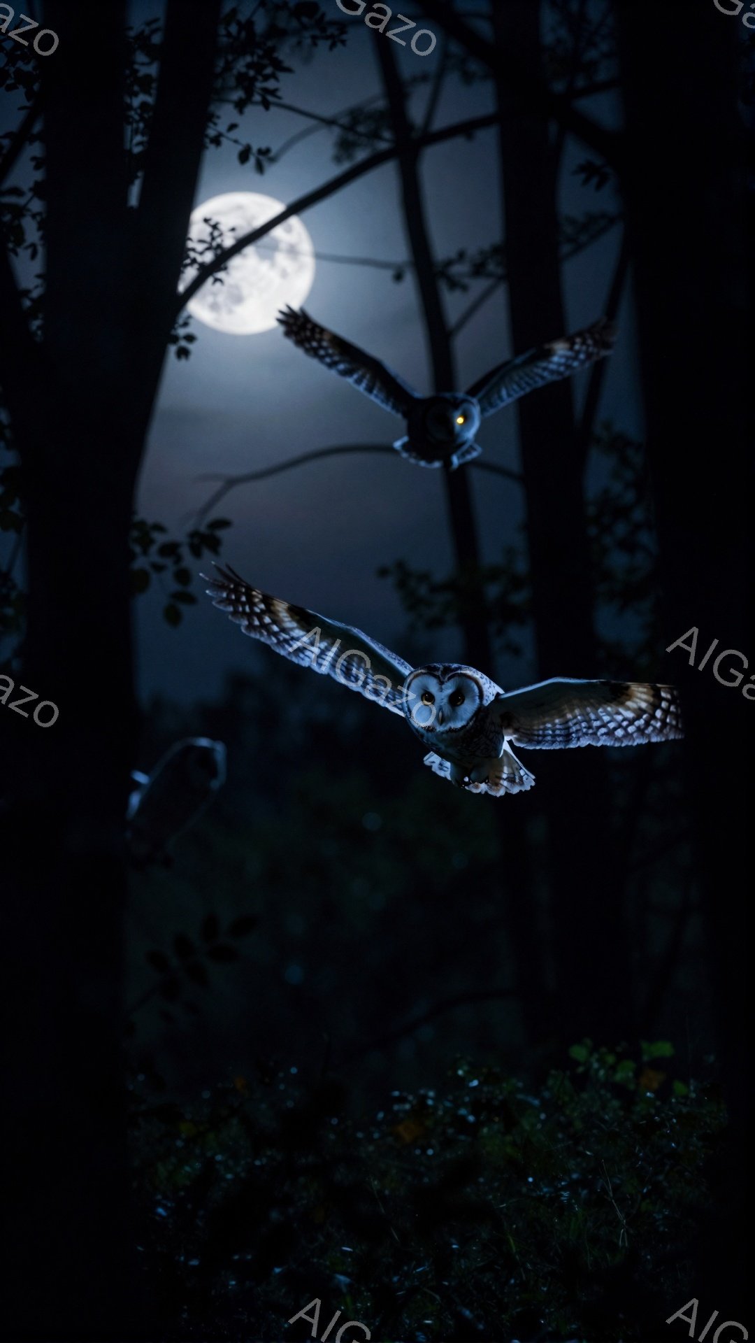 暗い森の中で、大きなフクロウが月明かりの下を飛んでいる。夜空には満月が輝き、木の枝がシルエットとなって、神秘的な雰囲気を醸し出している。フクロウの羽は広げられ、静かに空を舞う姿は、自然の美しさを際立たせている。