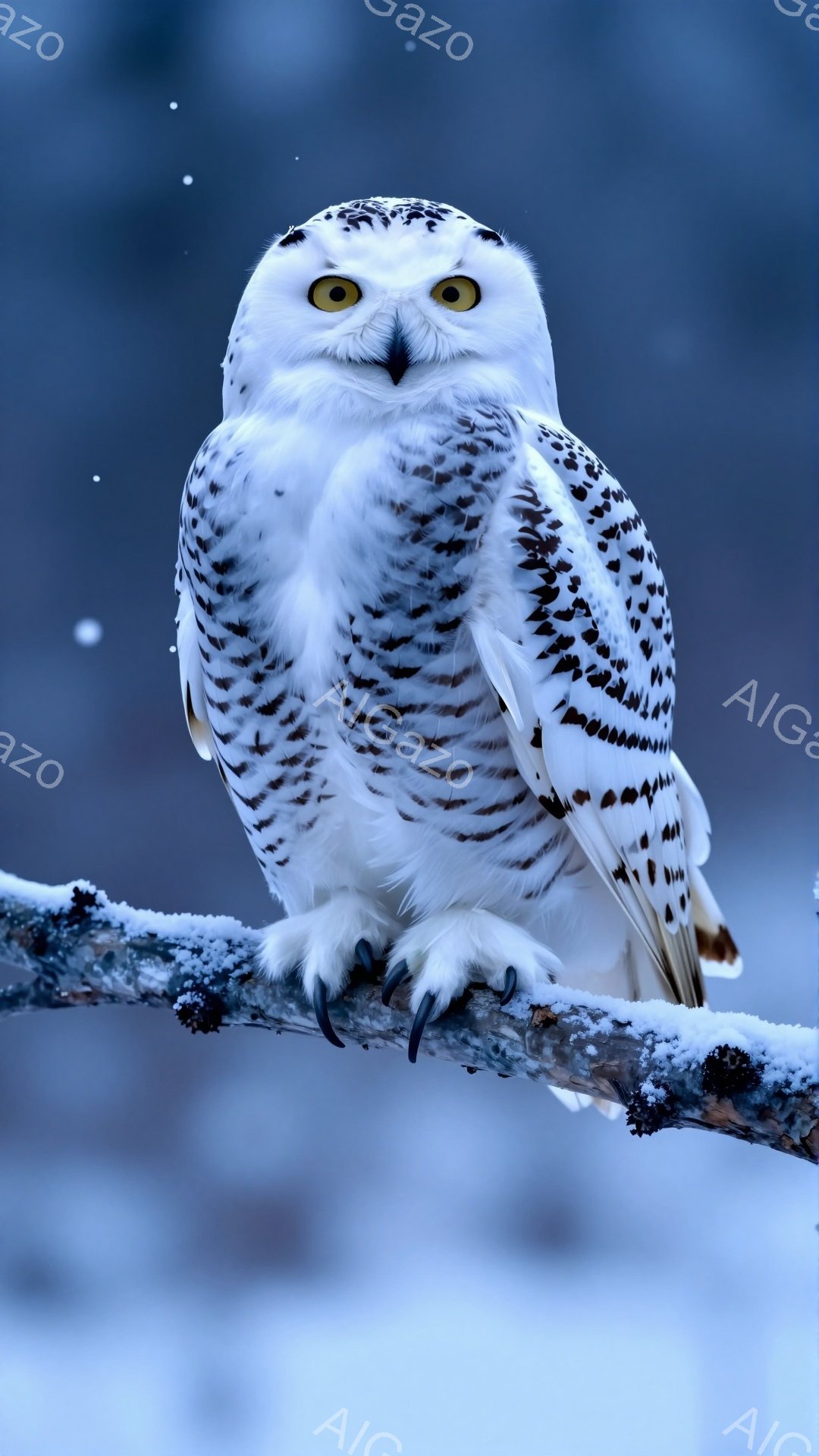 白い雪の結晶のような羽を持つ大きなフクロウが、雪が積もった木の枝にとまっている。鋭い金色の目と、白い羽に黒い斑点が入った模様が印象的だ。冬の静かな森を背景に、厳かで美しい姿を見せている。