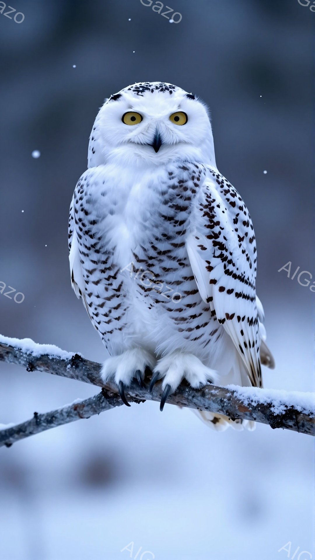 白い雪の結晶のような羽毛を持つ、大きなフクロウが雪の積もった木の枝に止まっています。鋭い黄色い目と力強い爪が特徴的で、冬の静けさの中に凛とした存在感を放っています。背景はぼやけており、雪が舞っている様子がうかがえます。