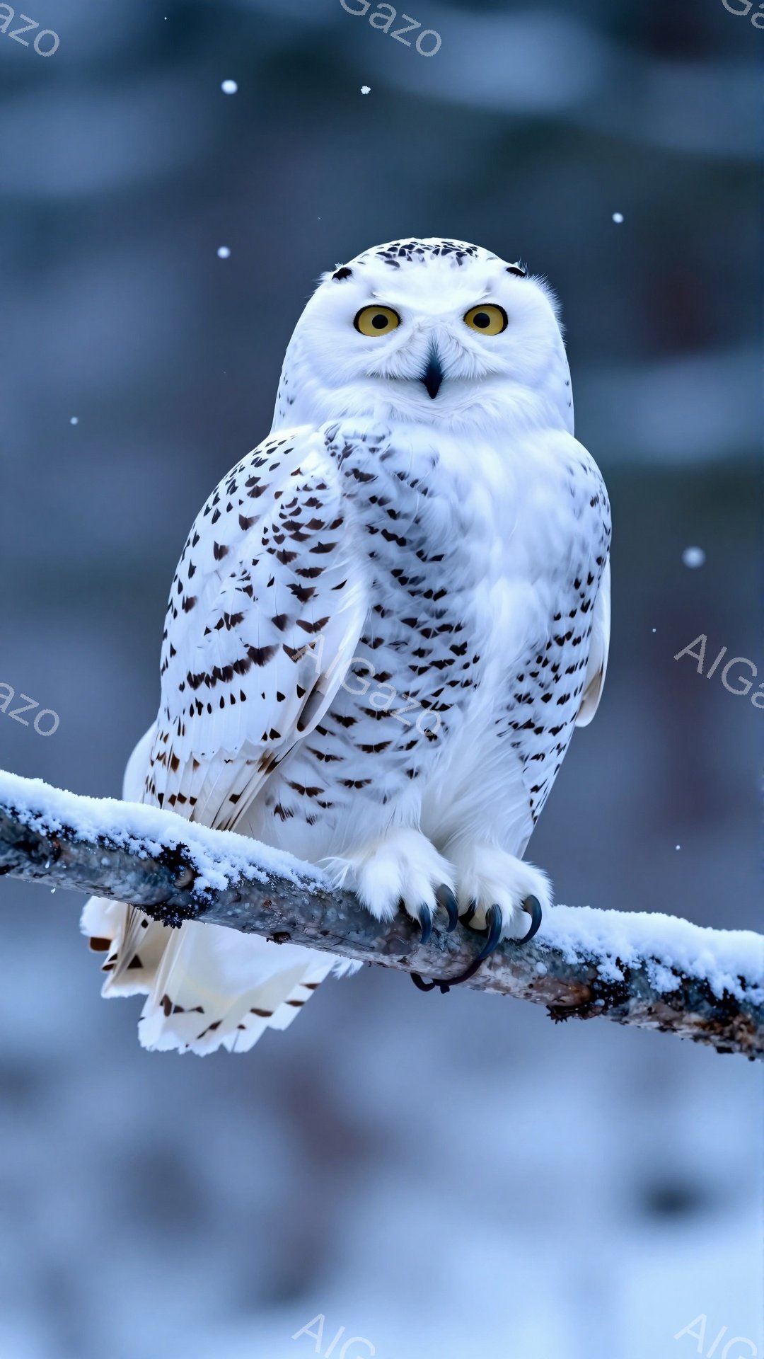 雪に覆われた枝にとまる白いフクロウが、鋭い眼光でこちらを見つめている。鮮やかな黄色の瞳が、白い羽毛とのコントラストで際立っている。背景は白く、まるで雪の世界の中にいるようだ。