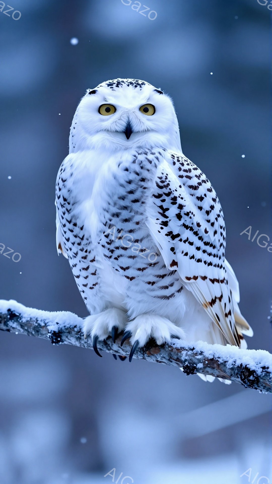 雪の枝に佇む、白くてふわふわしたフクロウが写っている。鋭い黄色の目と濃い灰色の斑点模様が特徴的で、冬の静寂な雰囲気を醸し出している。雪片が舞い散る背景と、フクロウの凛とした姿が印象的だ。