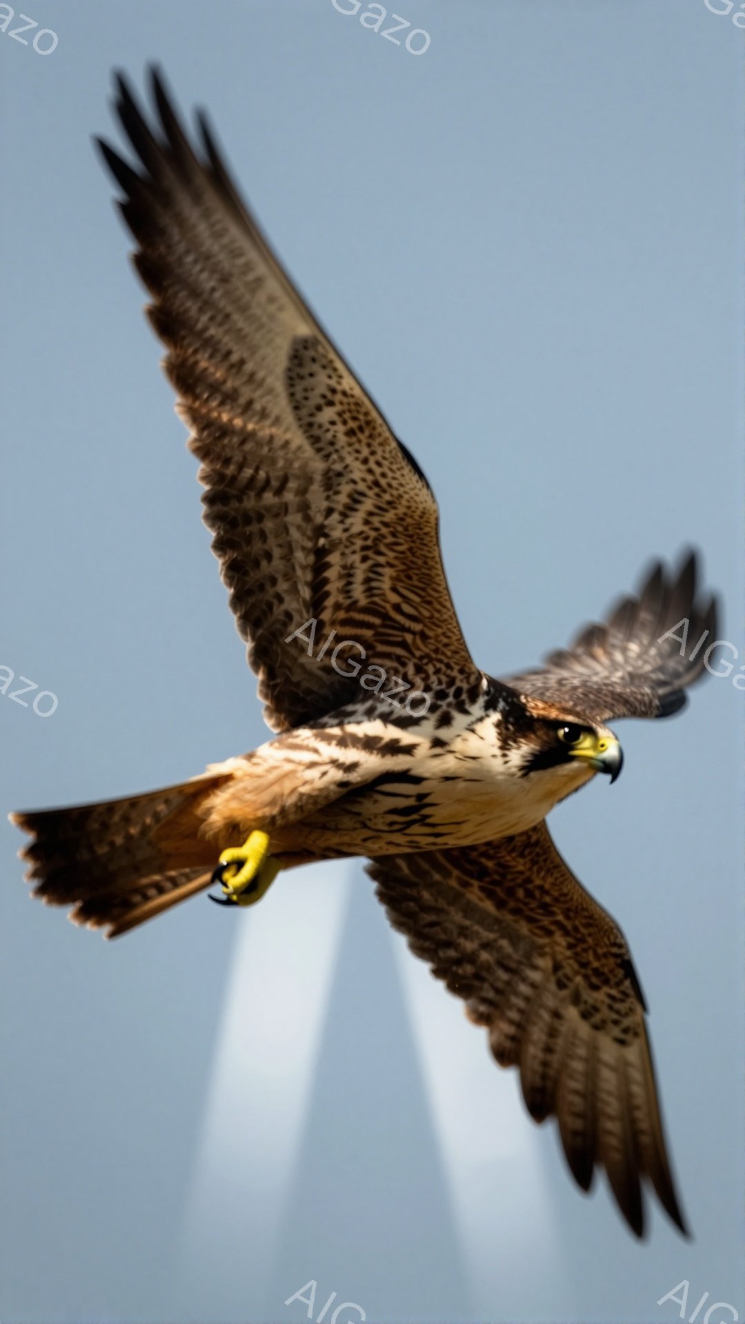 空を飛ぶ猛禽類の鮮やかな姿が捉えられています。鋭い眼光と力強い翼が印象的で、獲物を狙うハンターのような雰囲気を漂わせています。背景にはぼんやりと建物が見え、都市部での狩りを連想させます。