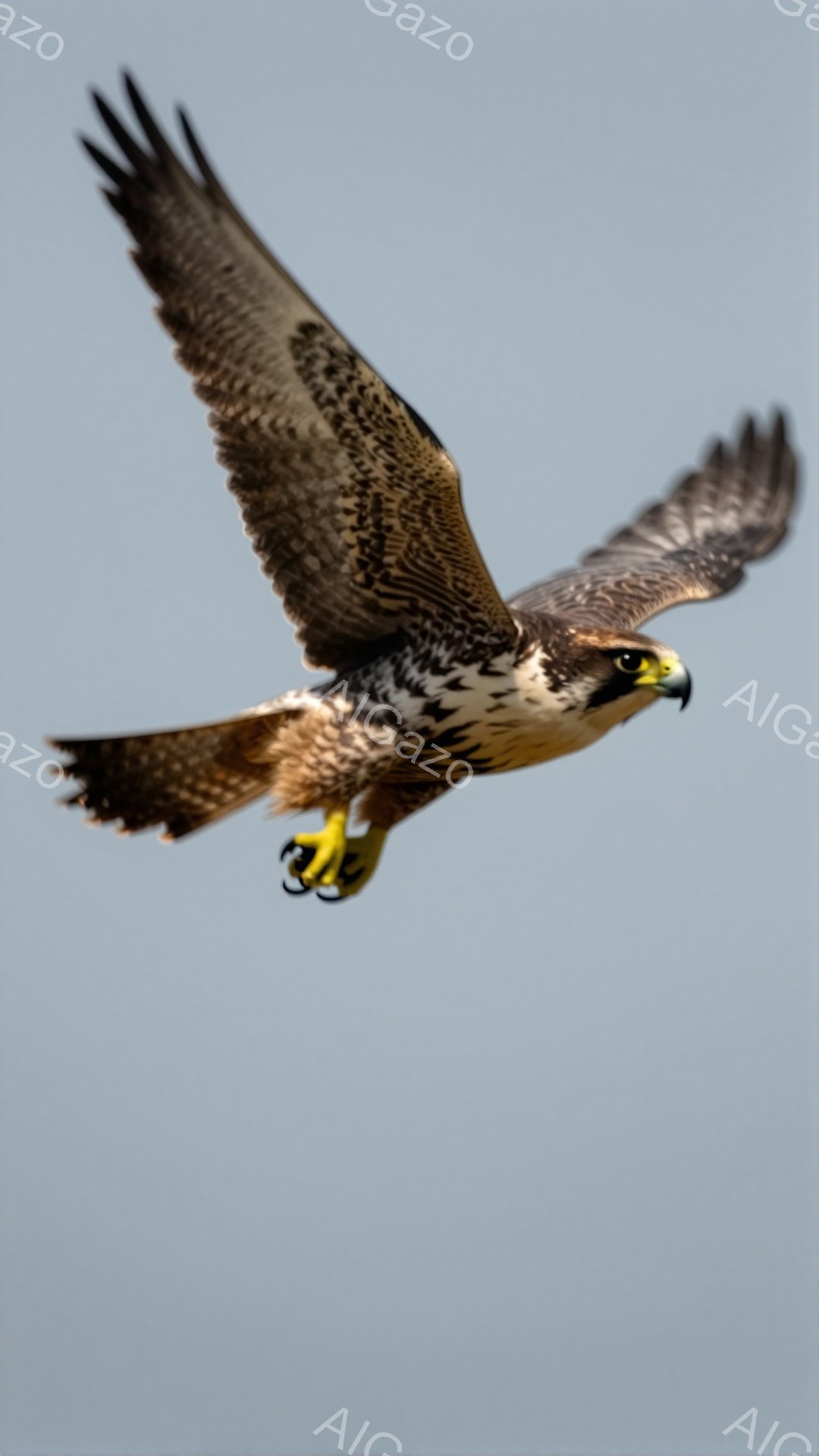 空を飛ぶ猛禽類が写っている。茶色と白の鮮やかな模様の翼を広げ、鋭い視線で何かを見つめている。背景は単調な空で、鳥のダイナミックな飛行が際立っている。