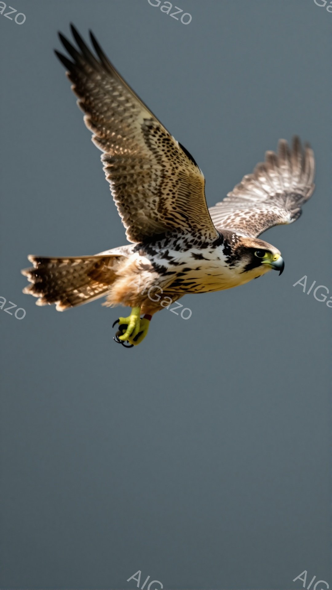 鮮やかな模様の猛禽類が、翼を広げて空を飛んでいる。背景は均一なグレーで、鳥の鮮やかな色彩が際立っている。獲物を狙うか、あるいは単に空を滑空しているかのようである。