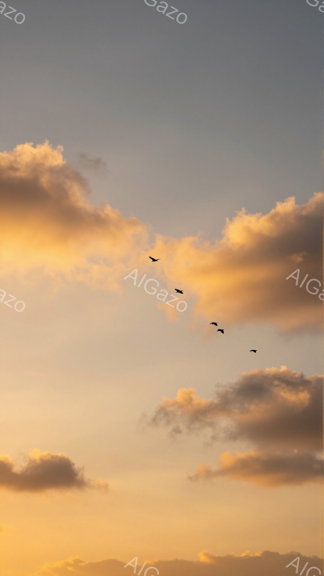 空は夕焼けでオレンジ色と黄色に染まっており、雲がその光を反射して輝いている。数羽の鳥が雲の間を飛んでおり、静かで穏やかな雰囲気を醸し出している。空の色と鳥のシルエットが、自然の美しさを際立たせている。