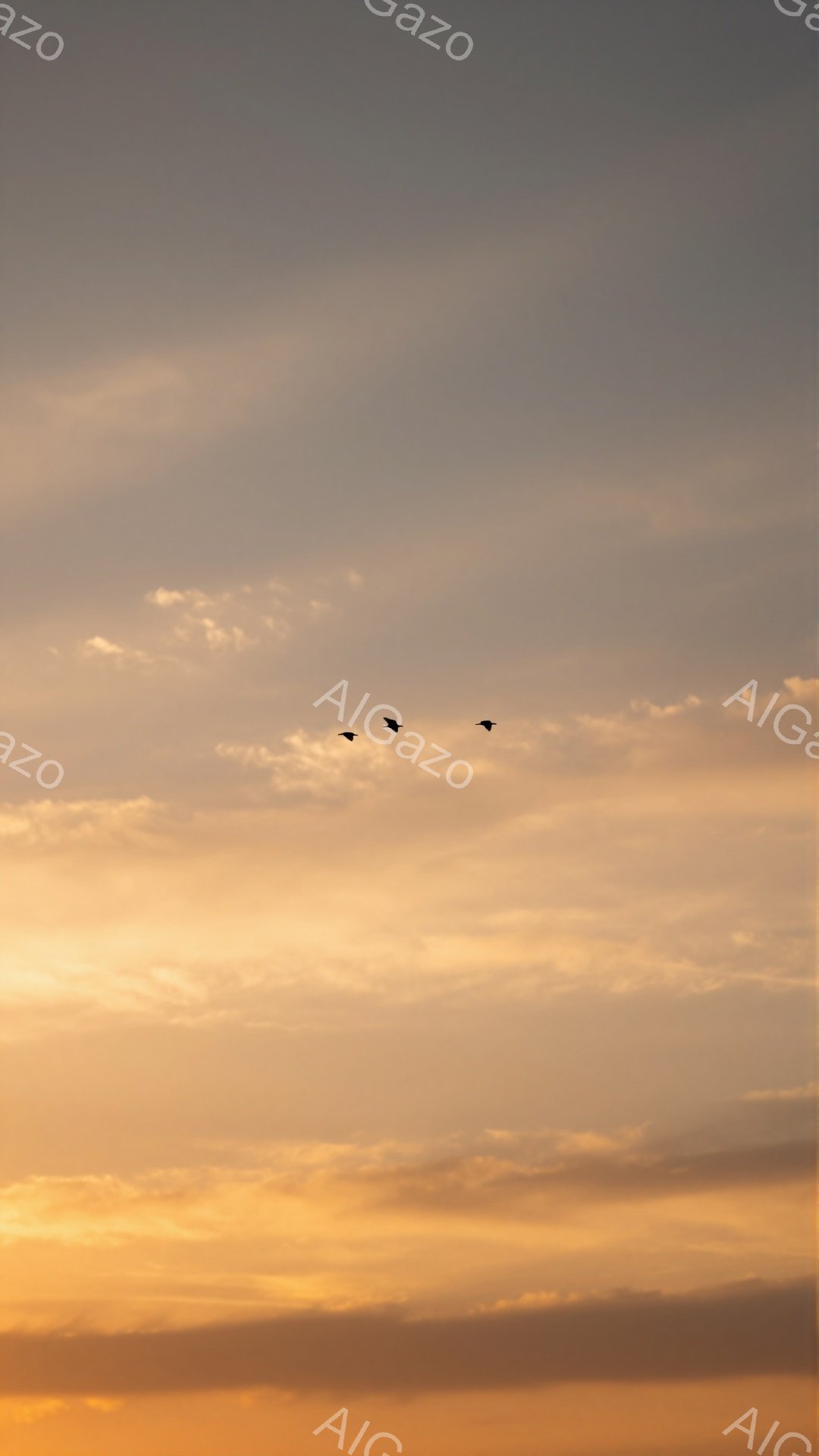 夕焼け空を３羽の鳥が飛んでいる。空はオレンジ色や黄色が混ざり合い、雲が柔らかい光を反射している。温かく、穏やかな雰囲気が漂っている。