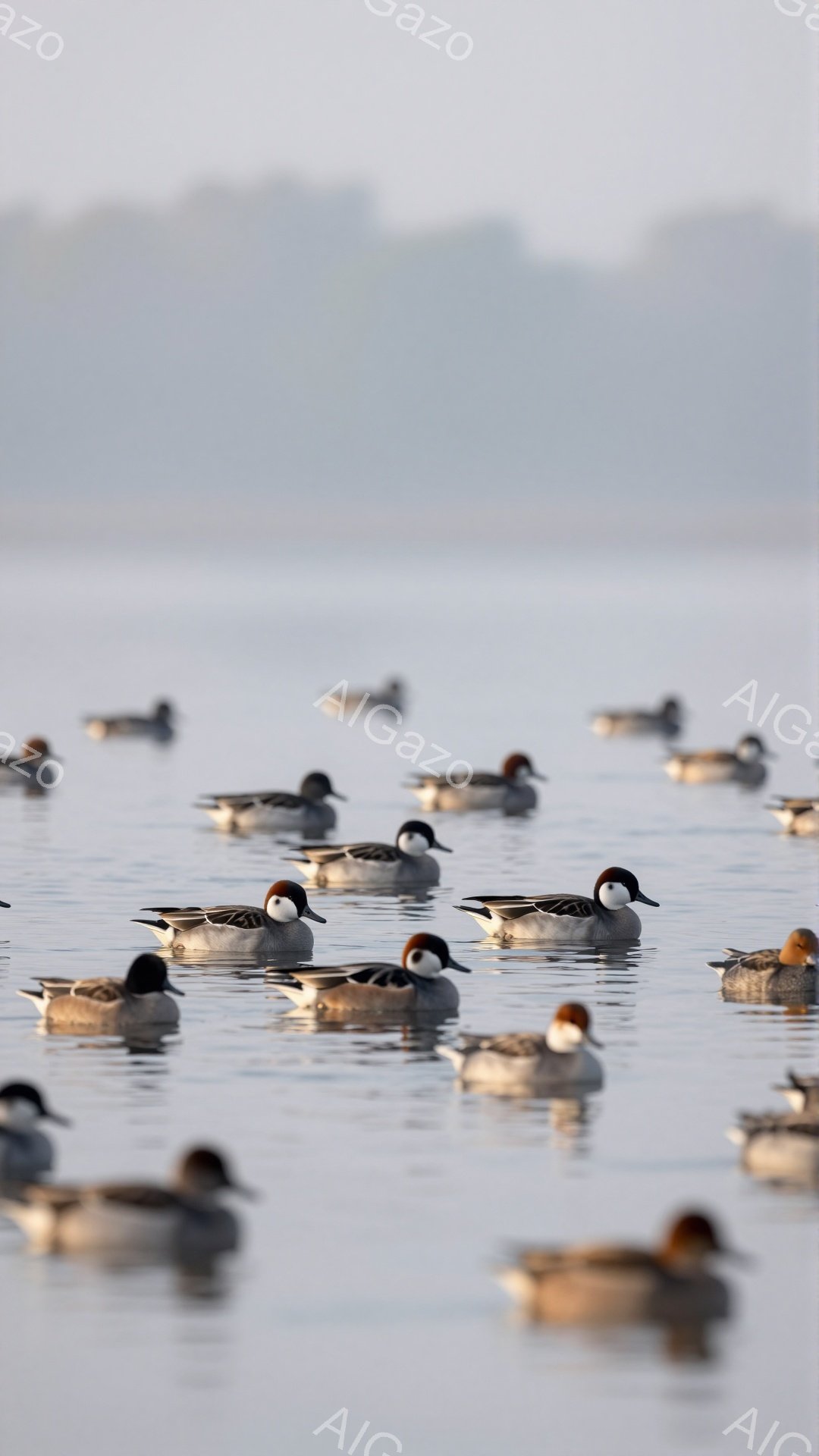 静かな水面に多くのマガモが浮かんでいます。穏やかな朝の光が水面を照らし、鳥たちのシルエットが美しいコントラストを生み出しています。全体的に穏やかで平和な雰囲気が漂います。