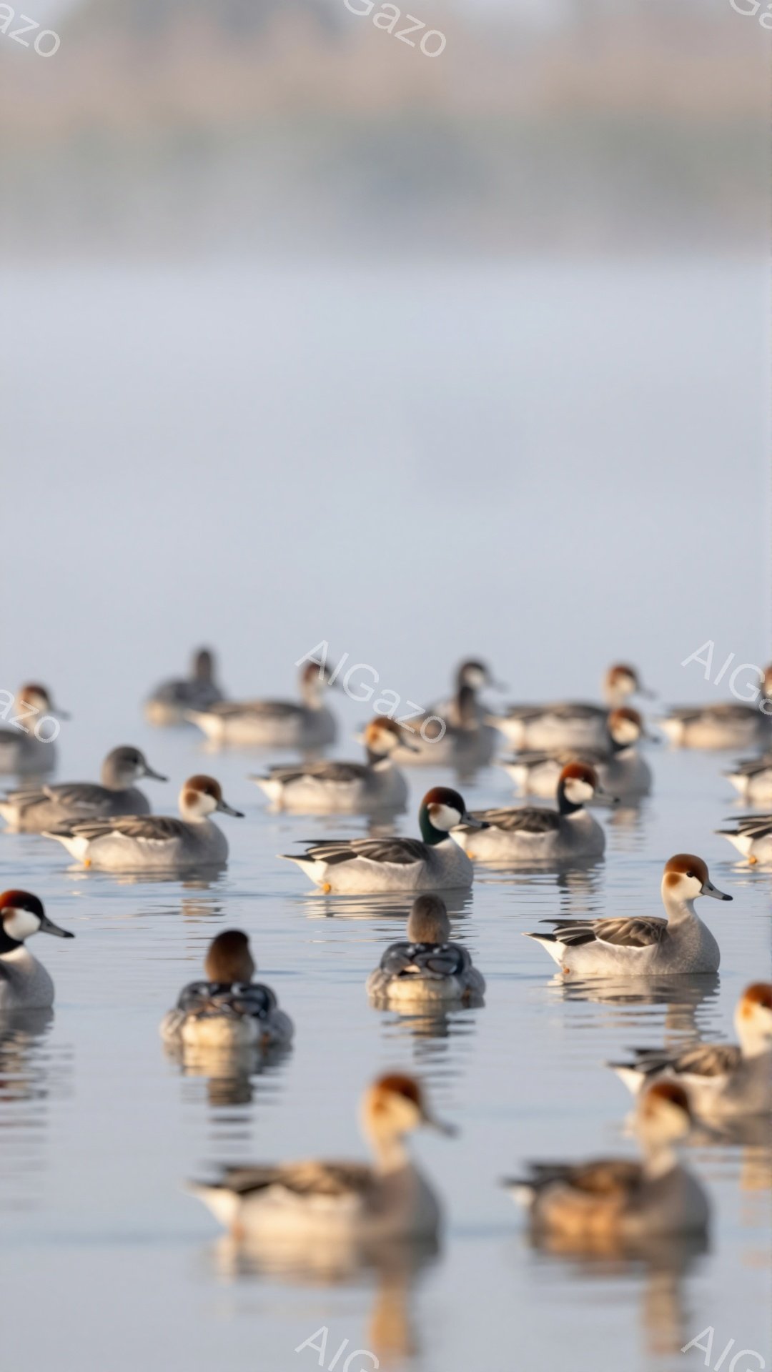 水面に浮かぶ鴨たちが、静かに波紋を作りながら泳いでいる。穏やかな光が水面を照らし、鴨たちのシルエットを際立たせている。水と空の青みが、全体的に静寂で平和な雰囲気を醸し出している。
