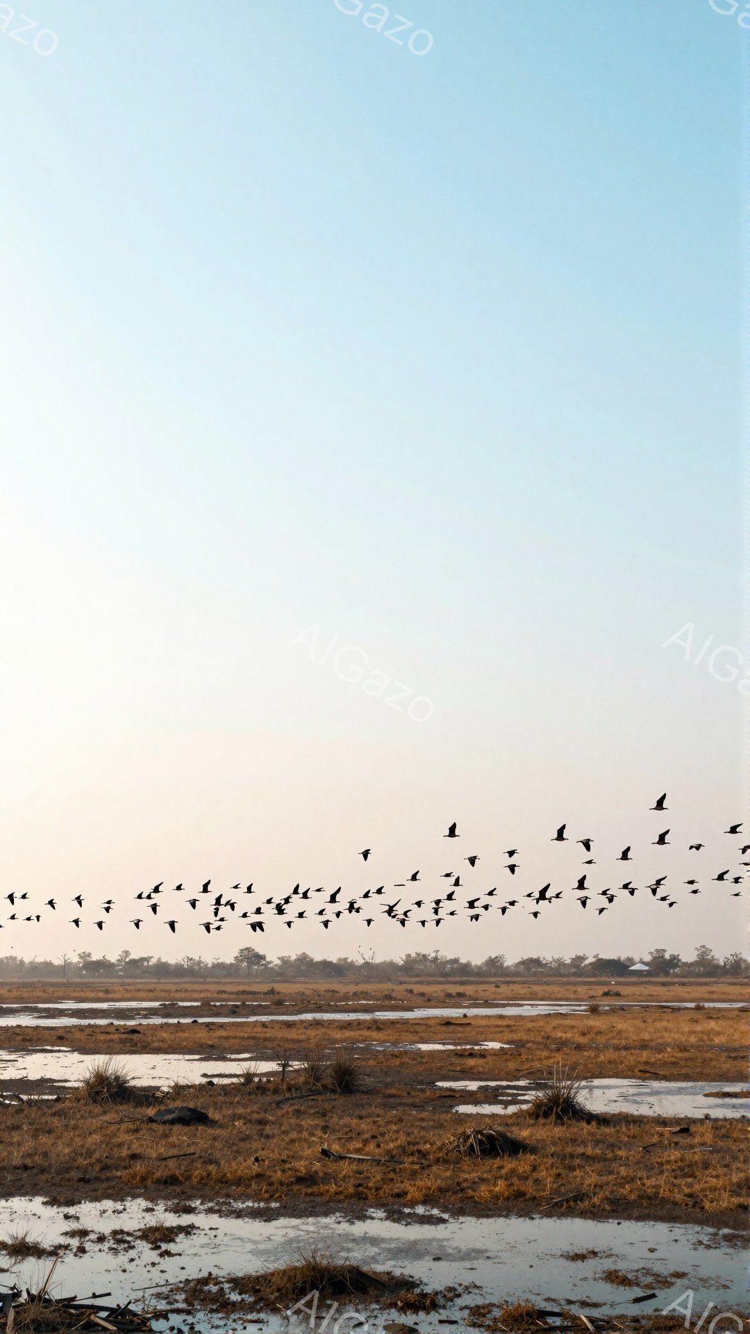 広大な湿地帯を鳥の群れが飛んでいる。地面は水と乾燥した草で覆われ、遠くには地平線が広がっている。空は淡い色合いで、穏やかで静かな雰囲気を醸し出している。 - AI生成フリー素材