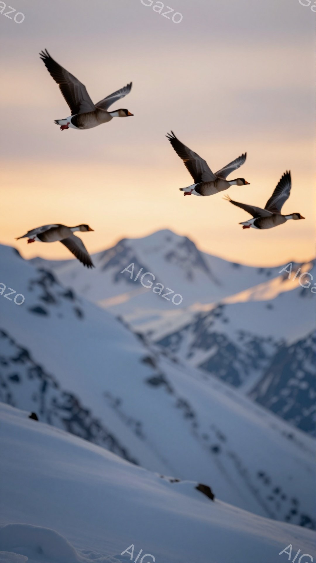 雪山を背景に、３羽のハクガンが飛んでいる。夕焼け空が山肌をオレンジ色に染め、幻想的な雰囲気を醸し出している。冬の静寂と力強い自然を感じさせる美しい光景だ。