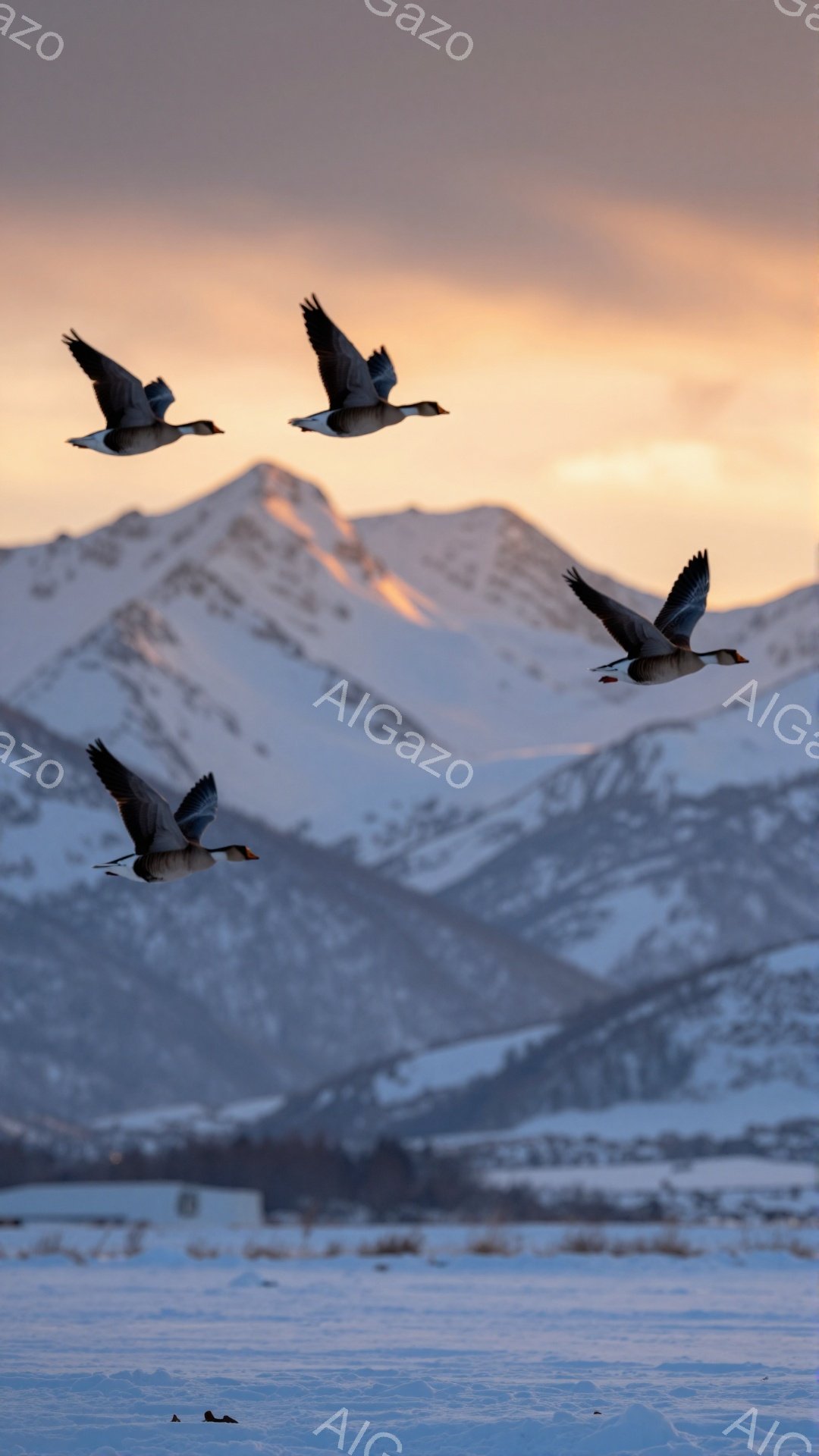空には3羽の鳥が飛び、雪景色が広がる冬の風景が描かれています。背景には雪を頂いた山々がそびえ立ち、夕焼けのオレンジ色が空を染めています。静かで穏やかな雰囲気を感じさせる美しい光景です。