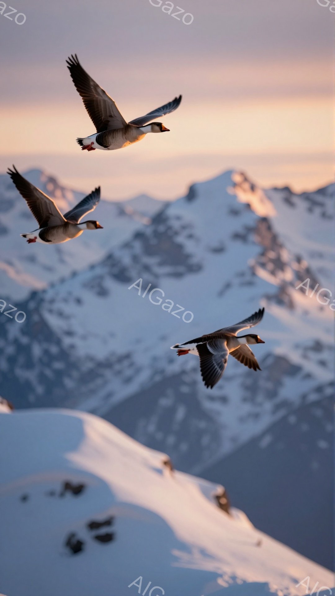 雪山を背景に、ガチョウたちが群れをなして飛んでいる。夕焼けの光が雪山をオレンジ色に染め上げ、幻想的な雰囲気を醸し出している。翼を広げ、力強く空を舞うガチョウたちの姿は、自由と自然の美しさを象徴している。