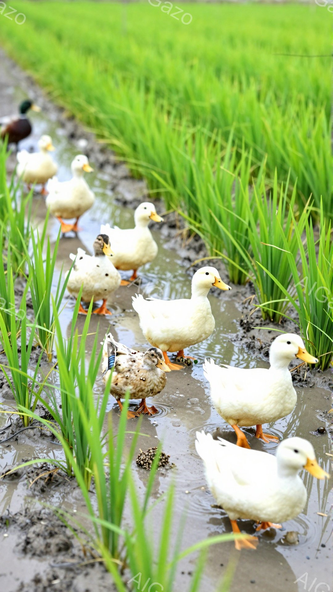緑豊かな田んぼの中を、アヒルたちが列をなして歩いている。アヒルの白い羽毛とオレンジ色の足が、緑の背景とコントラストを描き、生命力に満ちた様子が伝わってくる。泥の中に映るアヒルの姿も可愛らしく、のどかな田園風景が広がっている。