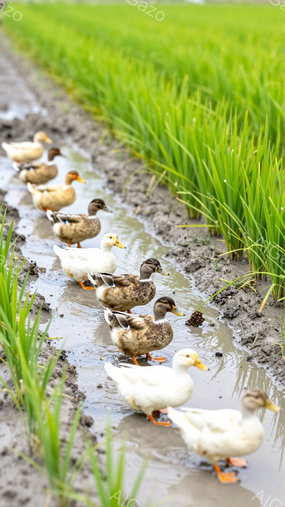 アヒルたちが泥の道に沿って一列に並んで歩いている。周りには緑色の植物が生えており、明るい日差しが降り注いでいる。親鳥と子鳥が一緒にいる様子が、のどかな田園風景を表している。