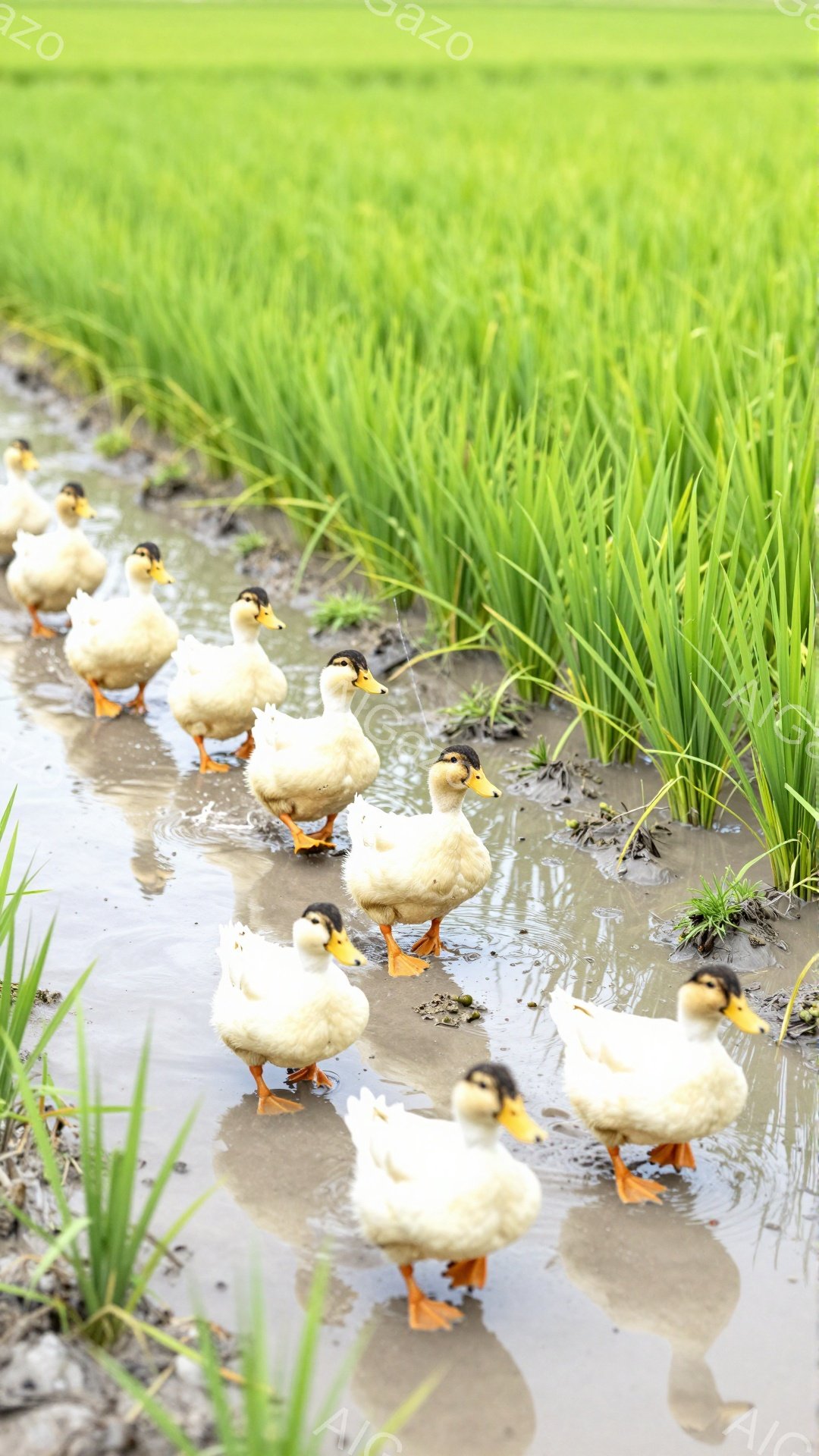 小さなアヒルたちが泥田の中を整然と行進している。緑色の植物が生い茂る背景と、アヒルたちのオレンジ色の足が印象的だ。穏やかで平和な雰囲気が漂う光景である。