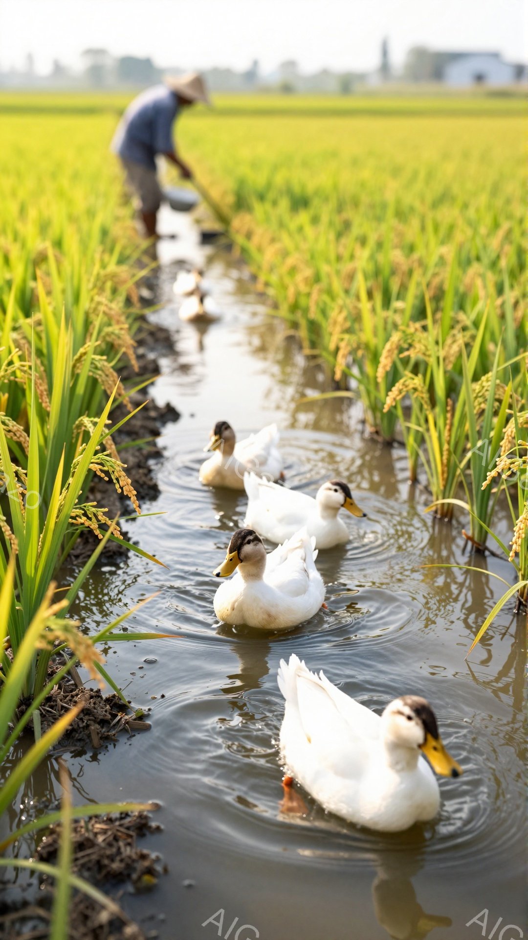 稲田の中でアヒルたちが泳いでいる。背景には麦畑と農作業をする人物が見える。暖かく穏やかな雰囲気で、自然豊かな田園風景が広がっている。