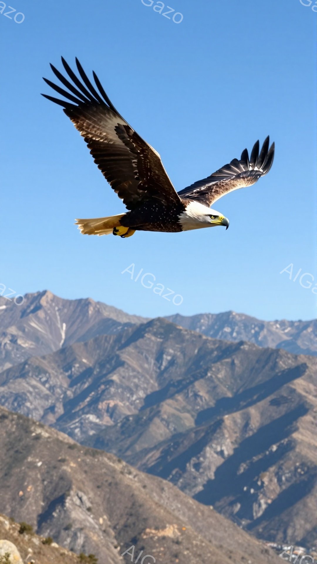 岩場の上空を翼を広げて飛ぶアメリカハゲワシが写っている。背景には青空と山々が広がり、自然の雄大さを感じさせる。鷹の力強く羽ばたく姿は、自由と力強さを象徴している。