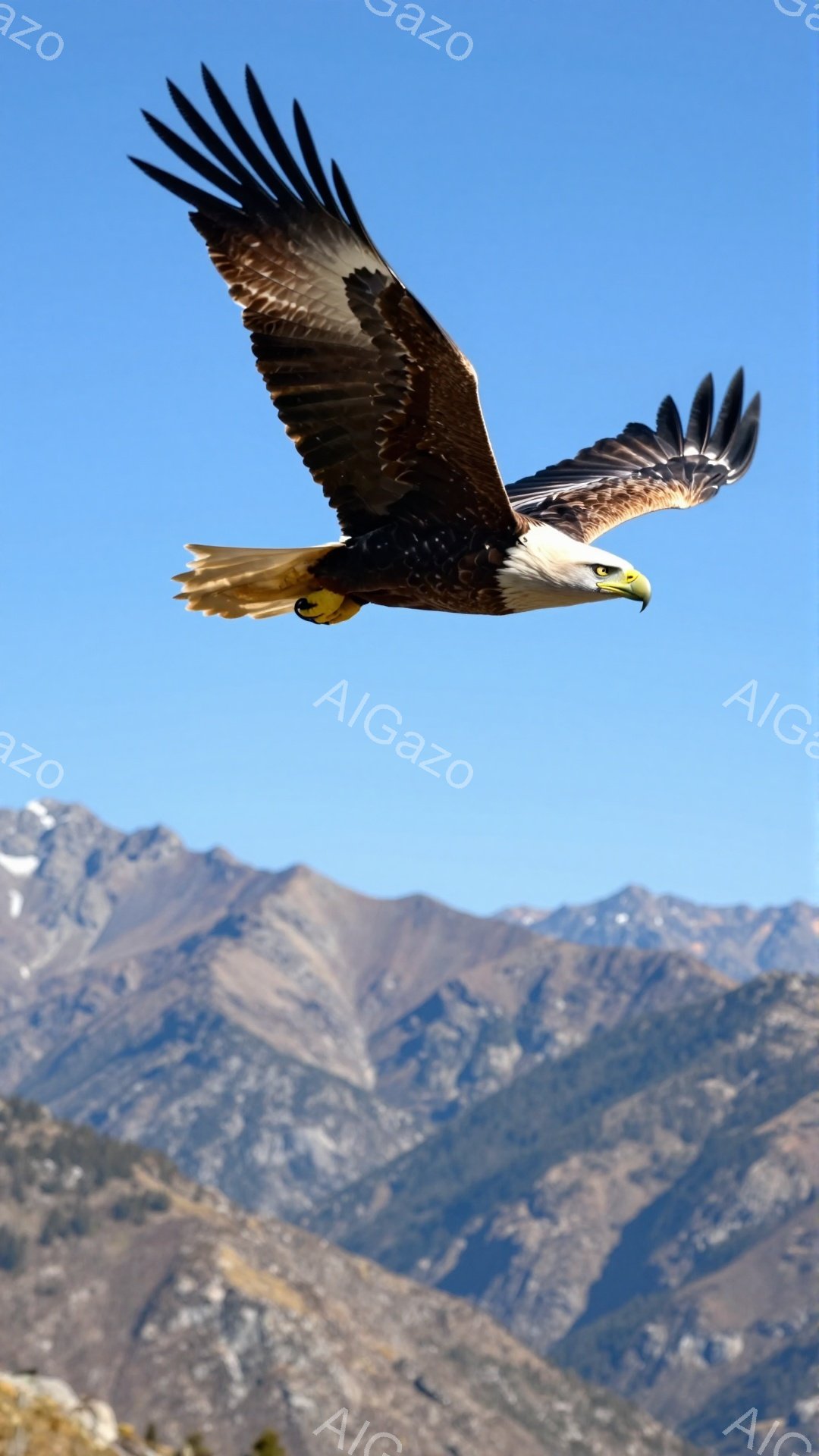 青々とした空を背景に、翼を広げた白頭鷲が力強く飛翔している。山々が遠くに見え、雄大な自然の風景が広がっている。光と影のコントラストが、鷲の力強さを際立たせている。