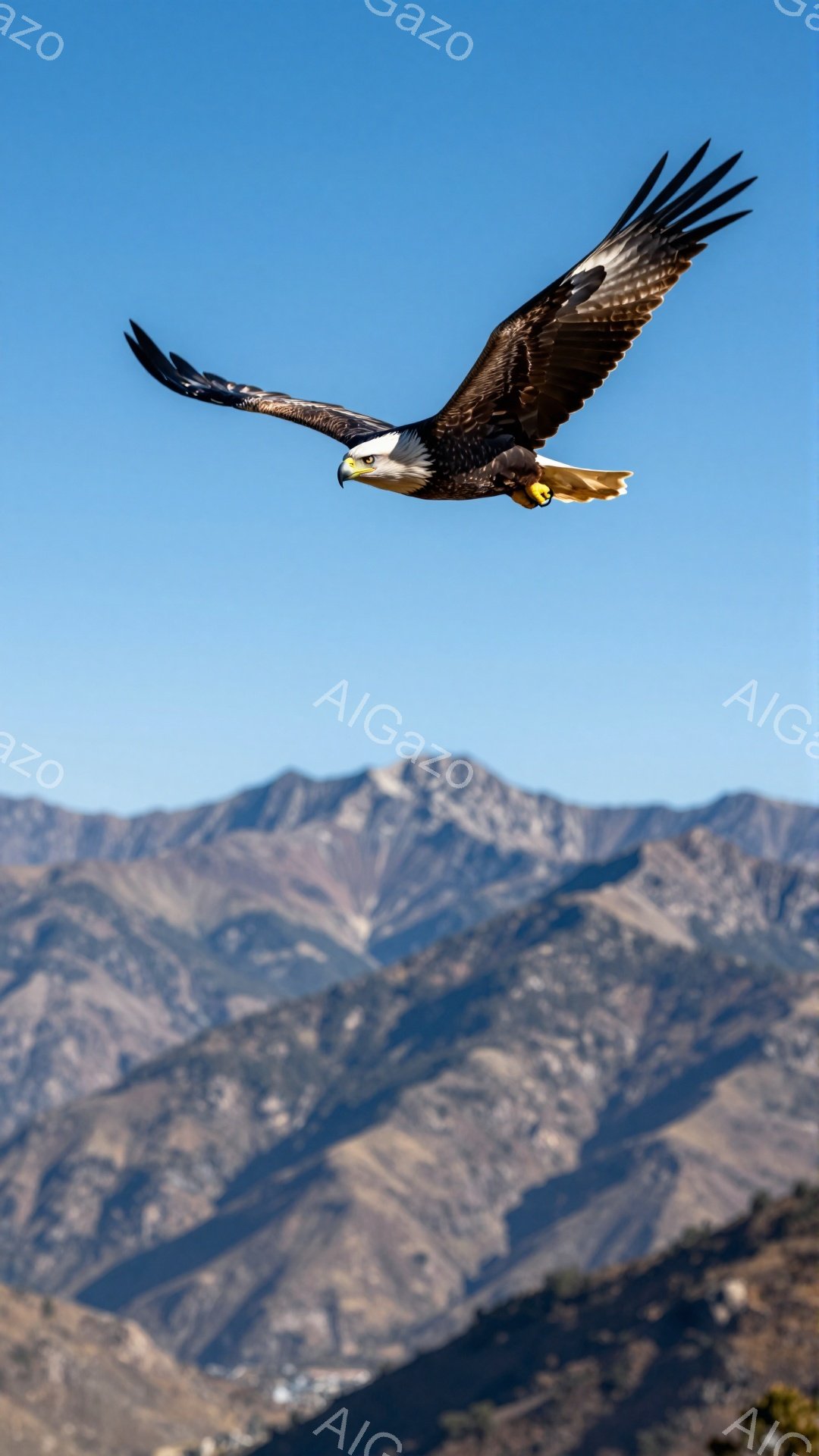 広大な山々を背景に、力強いハゲワシが翼を広げて空を飛んでいます。鋭い眼差しと翼の曲線が、その野生の力強さを際立たせています。青空と山の風景が、雄大な自然の雰囲気を醸し出しています。