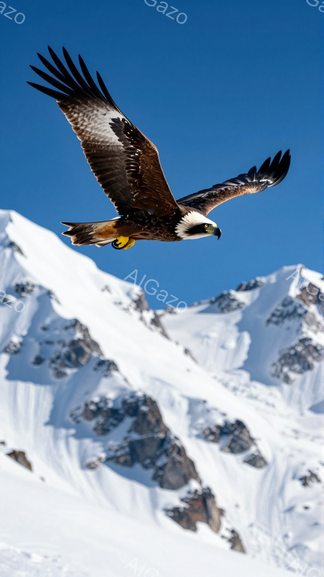雄大な山々と青空を背景に、翼を広げて飛ぶワシが捉えられています。ワシの鋭い眼差しと力強い翼は、大自然の厳しさと美しさを表現しています。雪を抱いた山々は、ワシの飛翔をより一層引き立てています。