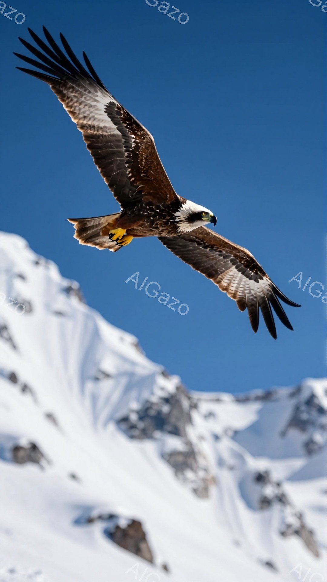 空を飛ぶワシが写っている。背景には雪山が広がり、青空とのコントラストが美しい。力強い翼を広げ、自由な姿が印象的だ。