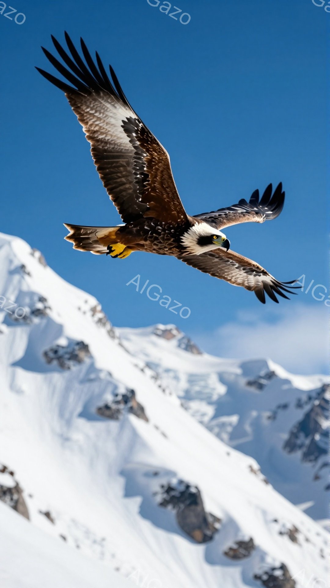 雪山を背景に、翼を広げた巨大な猛禽類が空を飛んでいる。鮮やかな青空とのコントラストが印象的で、力強く、威厳のある姿が捉えられている。雪の山の稜線が、その飛翔を一層引き立てている。
