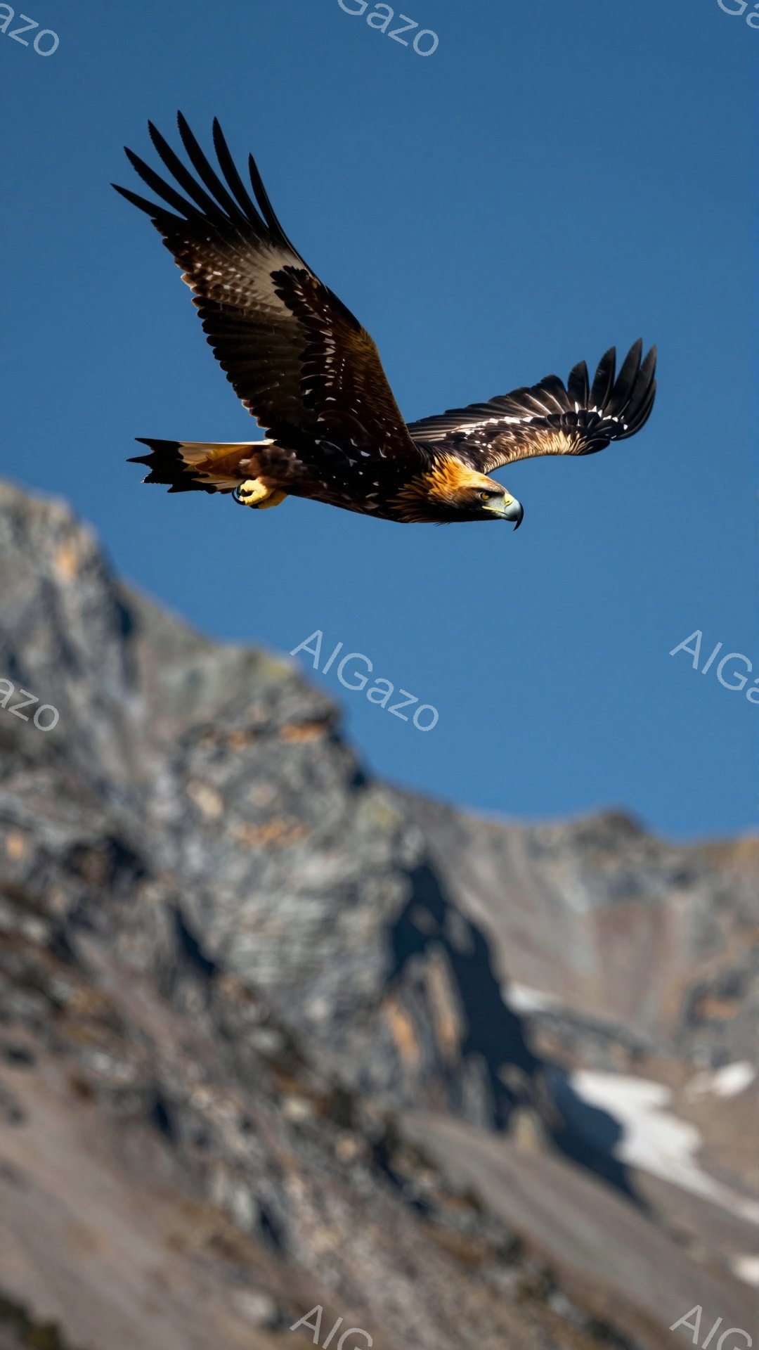 空を飛ぶ巨大な猛禽類が捉えられています。青空と険しい山々の背景が、その力強い翼とコントラストをなしています。太陽の光が羽に当たり、黄金色に輝く姿は印象的です。