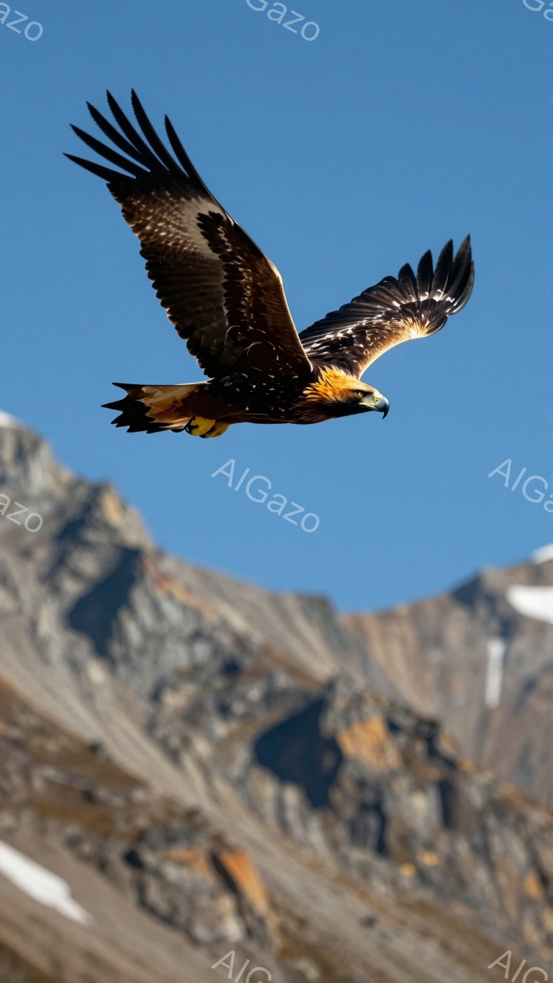 鮮やかな青空を背景に、翼を広げたワシが力強く飛んでいる。雪を抱く山々が遠くに見え、自然の雄大さを感じさせる。ワシの羽の模様と背景の山のコントラストが美しい一枚だ。