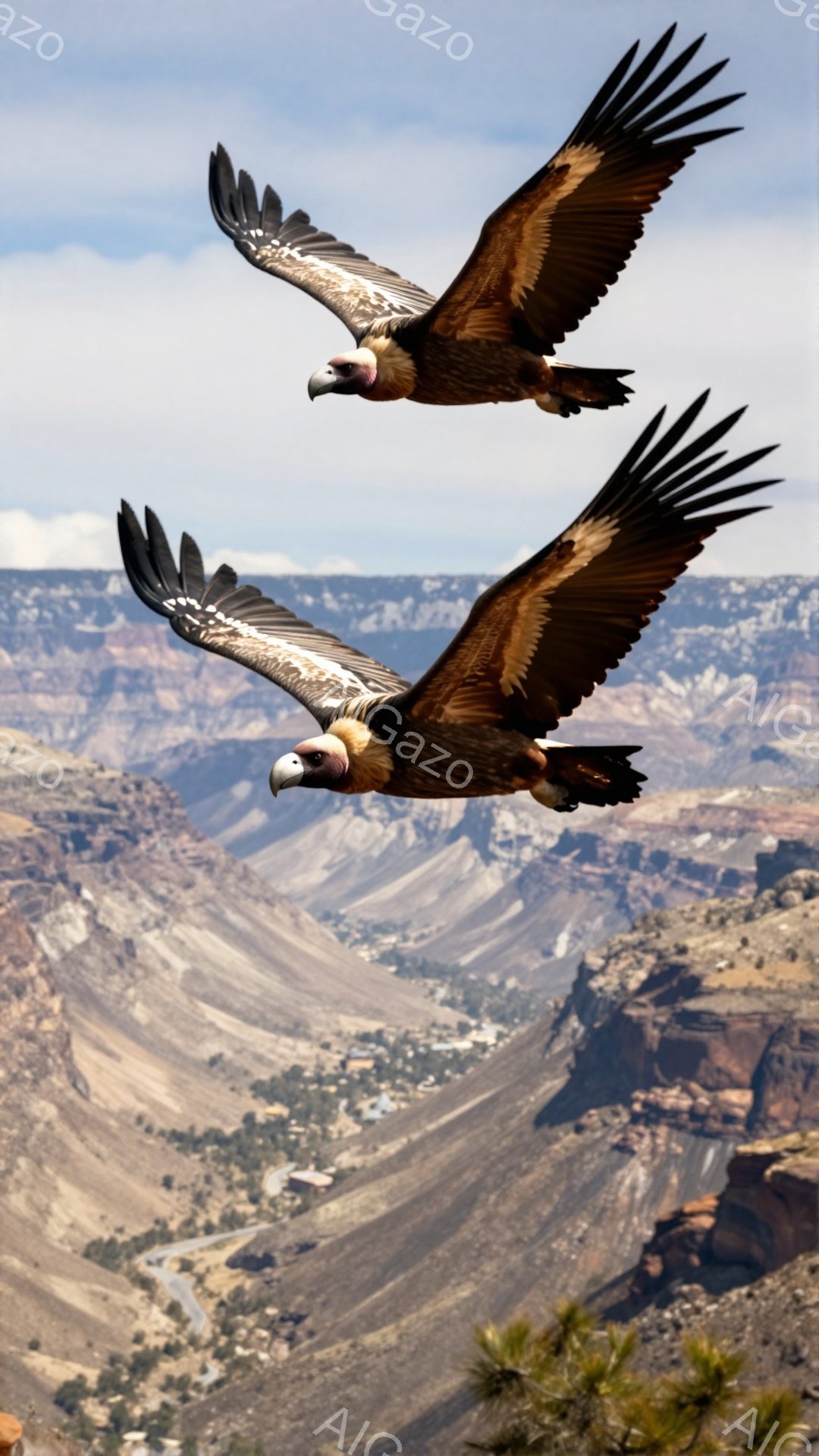 険しい渓谷の上空を舞う２羽のハゲワシが捉えられています。背景はアリゾナ州の雄大な景色で、深い谷と岩肌が印象的です。太陽の光が差し込み、力強い翼を持つハゲワシと荒涼とした風景とのコントラストが美しい一枚です。