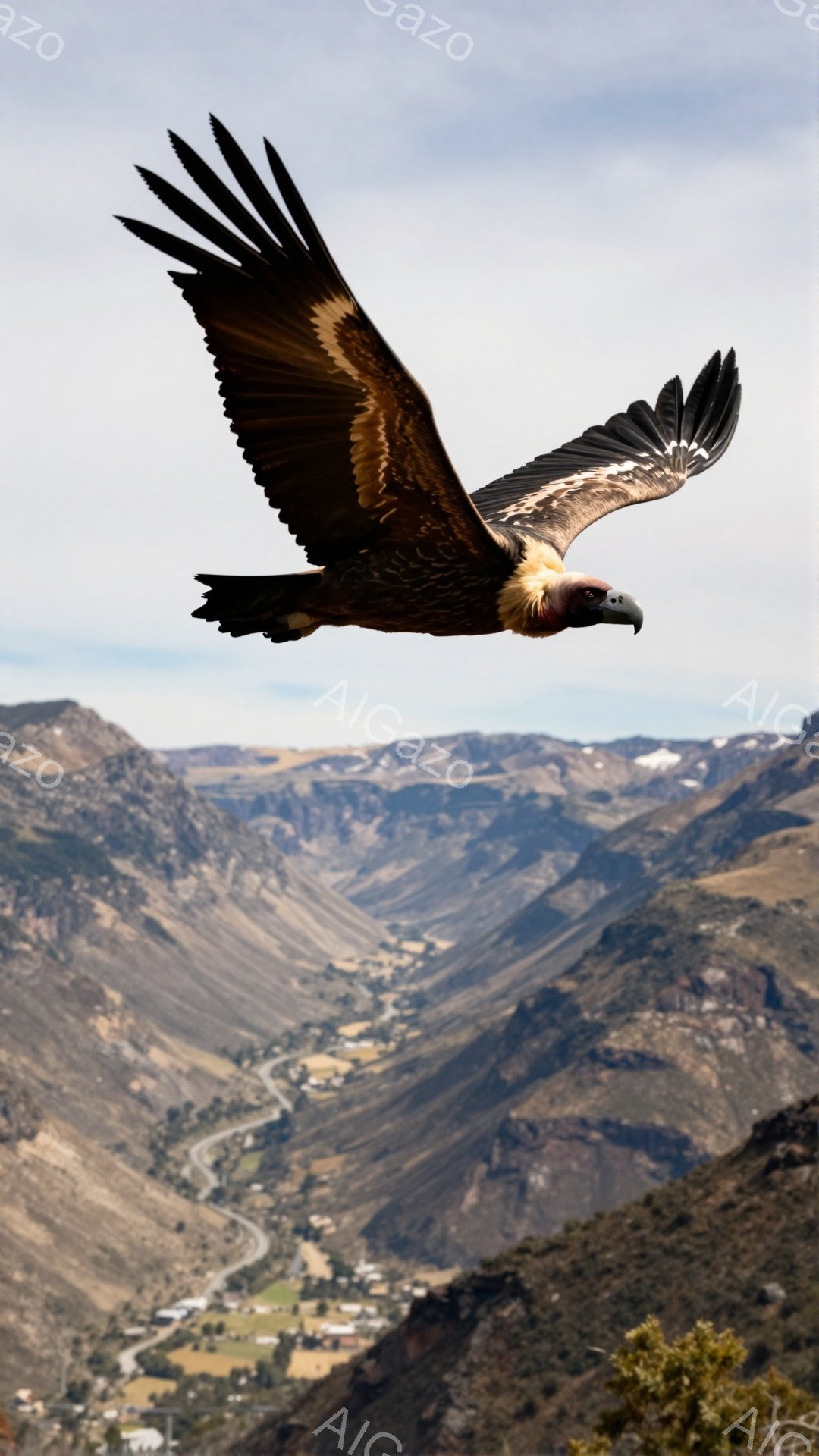 アンデス山脈の上空を、翼を広げた巨大なコンドルが飛んでいる。谷には小さな村や曲がりくねった道が点在し、背景には荒涼とした山々が連なっている。空は曇り空で、自然の壮大さと静寂さを強調している。