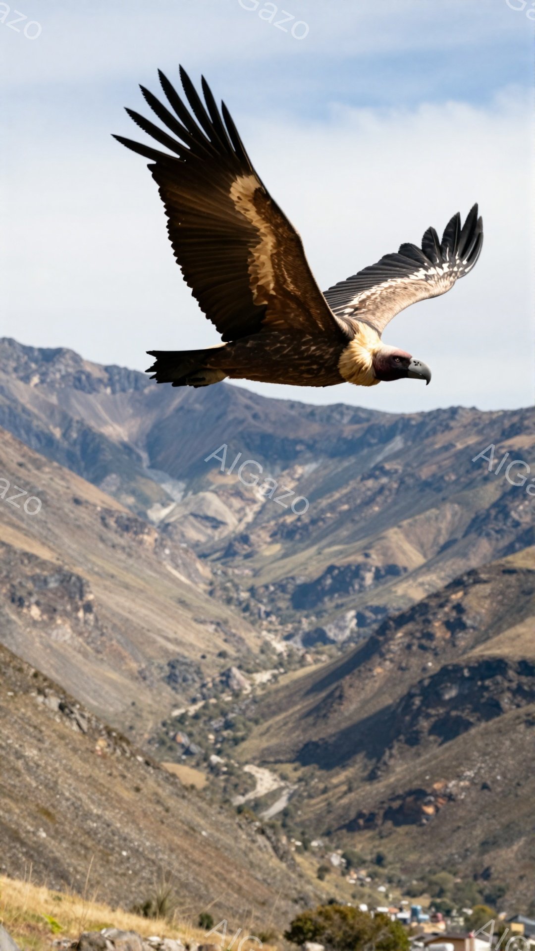 アンデスの山々を背景に、巨大なハゲワシが翼を広げて飛んでいる。山々は乾燥しており、小さな村が見える。空は青く、日差しが強く、活気のある風景である。