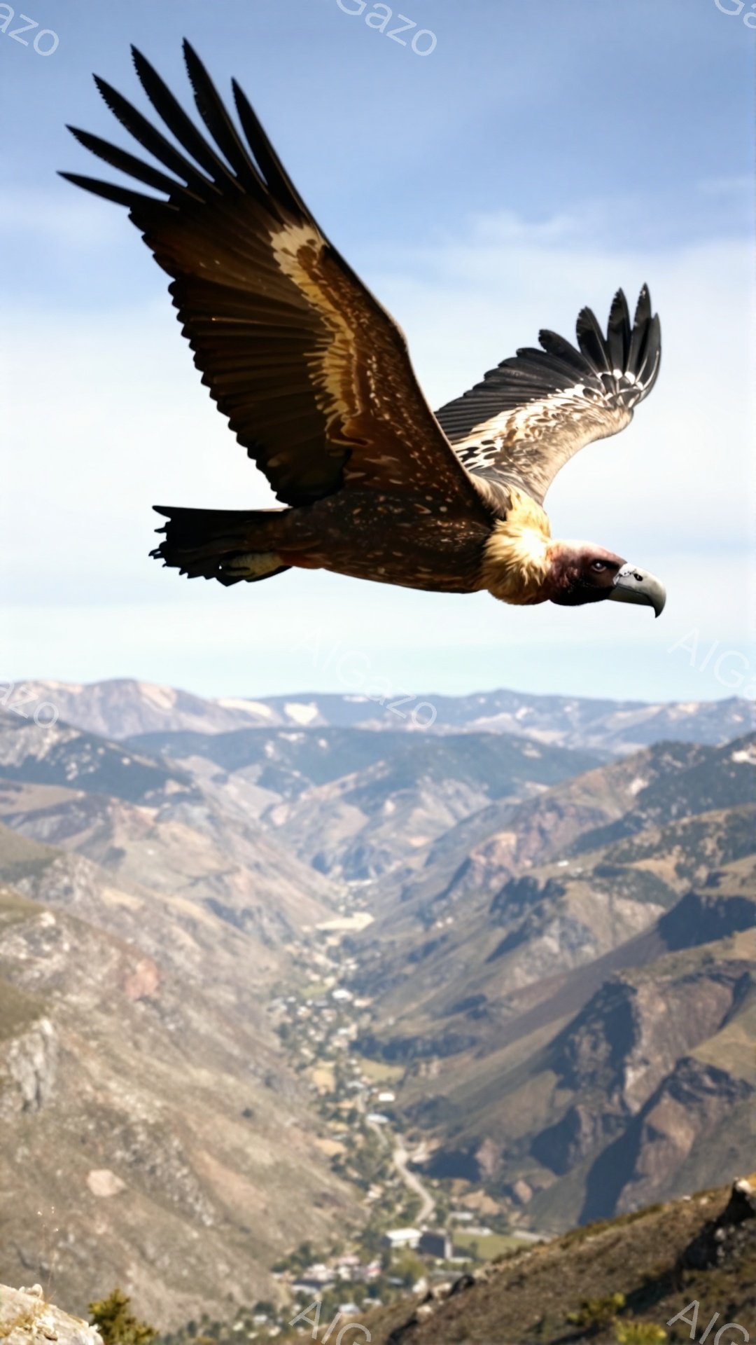 空を飛ぶハゲワシが写っている。背景には山々が連なり、遠くには村が見える。太陽の光が暖かく、力強い鳥の姿と壮大な自然が印象的だ。