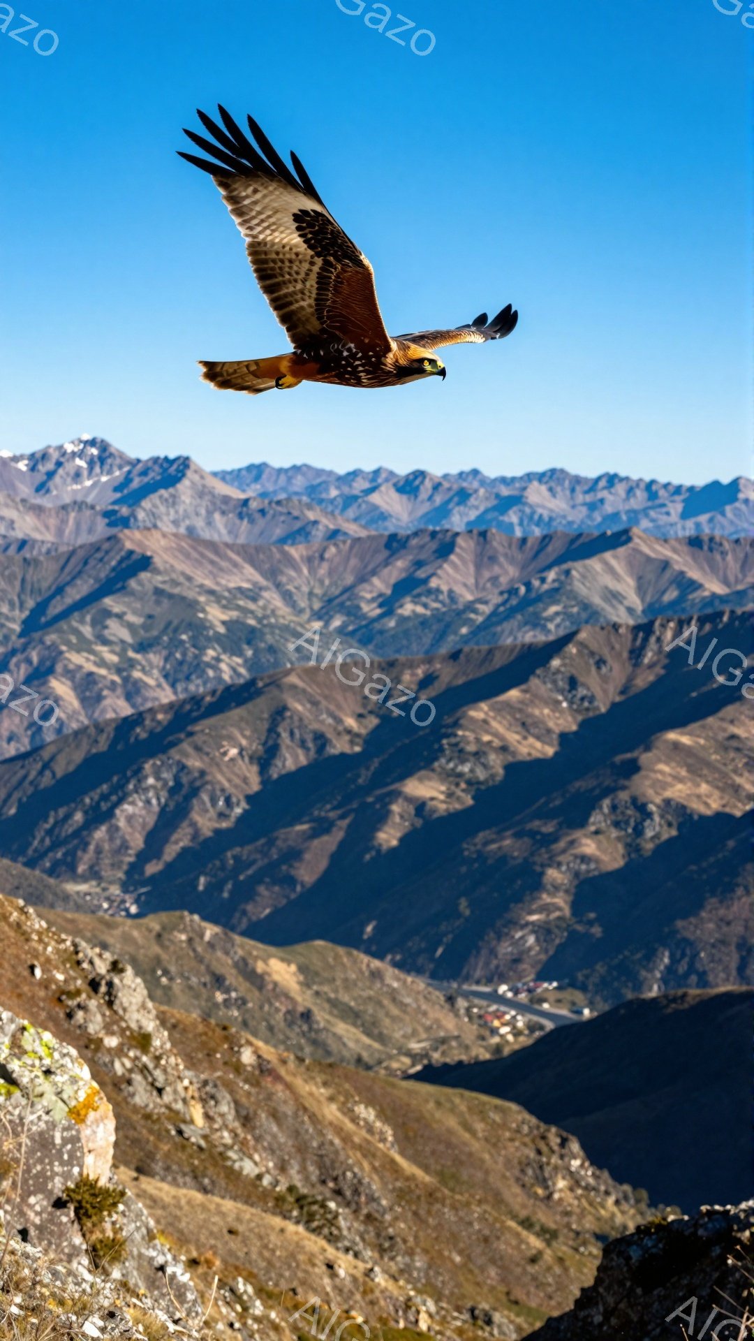 広大な山々の風景を背景に、大きな猛禽類が力強く空を飛んでいる。太陽の光が山の稜線を照らし、影が谷間を深く刻み込み、壮大な自然の景観を作り出している。鳥の羽ばたきは、自由と力強さを象徴している。