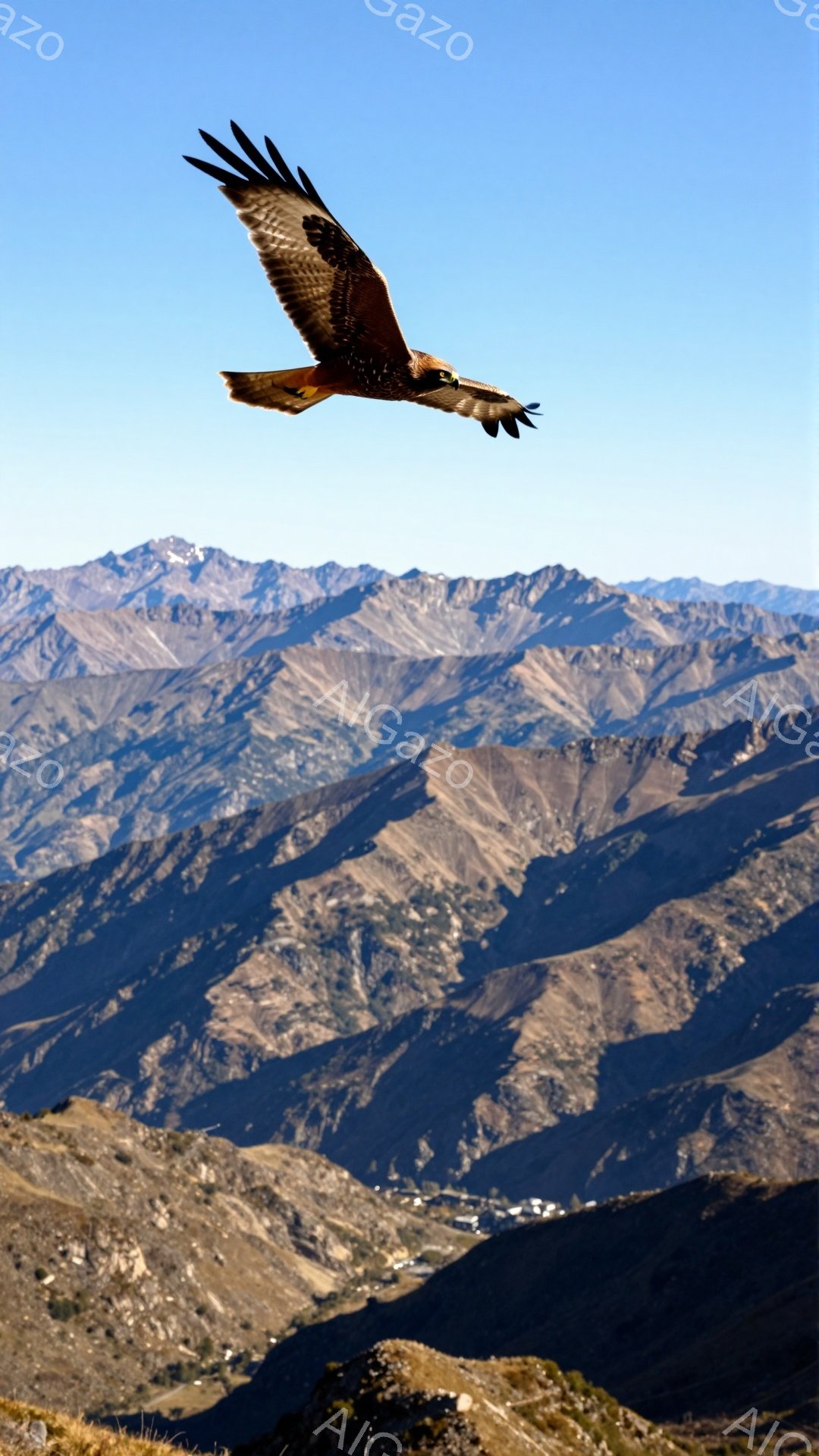 青々とした空を背景に、茶色の猛禽類が翼を広げて飛んでいる。周囲には、なだらかに連なる山々が広がり、遠くには小さな集落が見える。力強く飛ぶ姿と壮大な景色が、自然の雄大さを表現している。