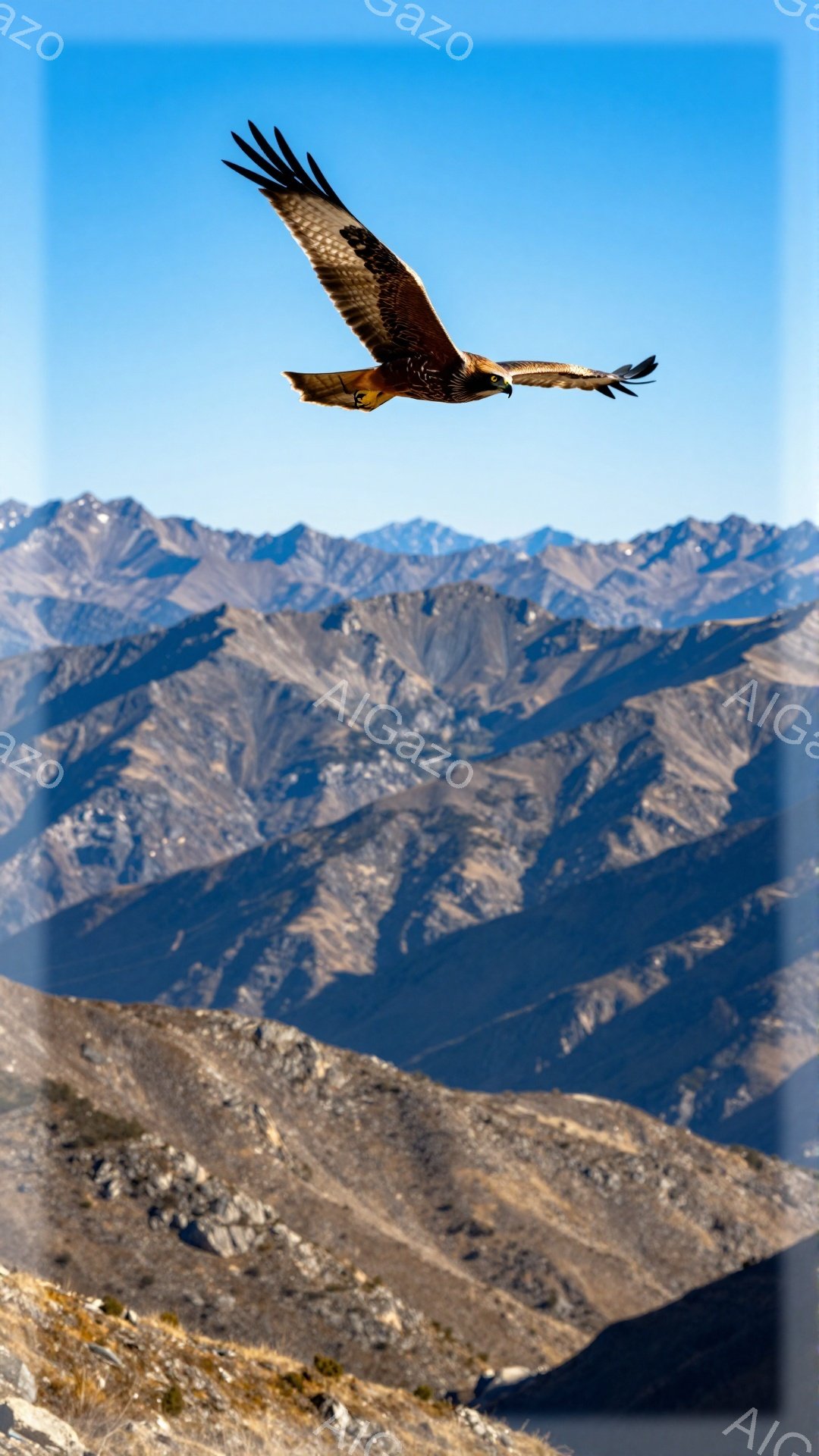空高くを舞う猛禽類が印象的な光景です。背景には険しい山々が連なり、大自然の雄大さを感じさせます。青空とのコントラストが、鳥の力強い翼をさらに引き立てています。 - AI生成フリー素材