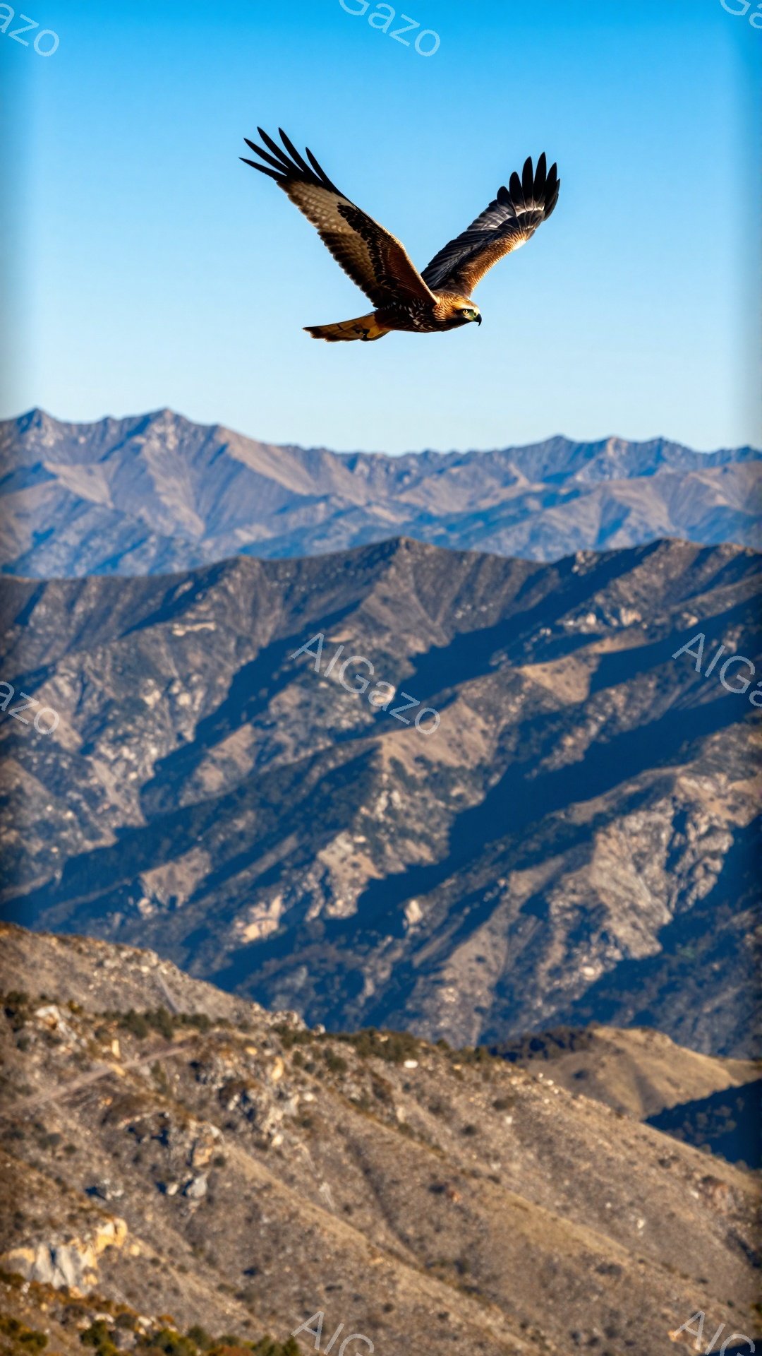 広大な山並みを背景に、茶色の猛禽類が翼を広げて空を飛んでいる。太陽の光が山の稜線を照らし、影が長く伸び、静かで雄大な自然の風景が表現されている。鳥の力強い翼と山の静寂が対照的で、ダイナミックな瞬間を捉えている。