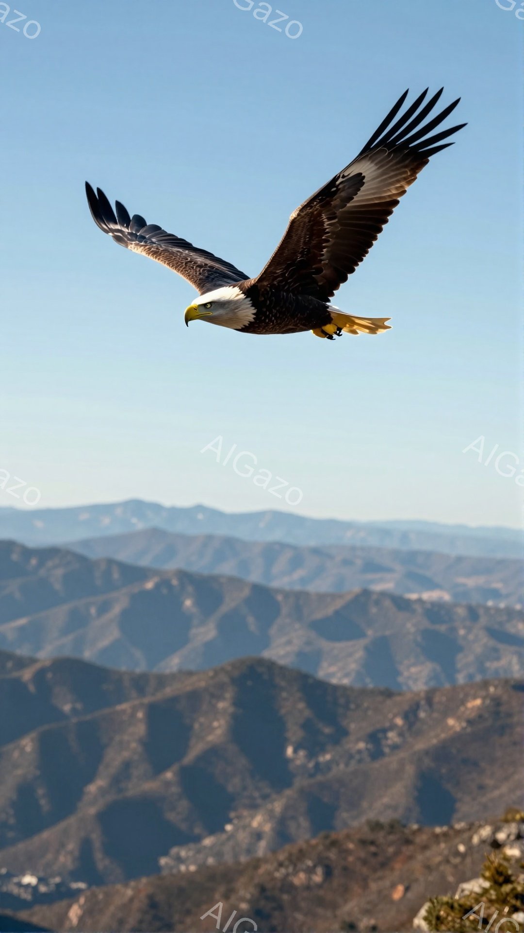 広大な山々の風景を背景に、白頭ハゲワシが翼を広げて飛んでいる。鋭い眼差しと力強い翼が特徴的で、自由と力強さを感じさせる。青空とのコントラストが鮮やかで、自然の美しさが際立っている。