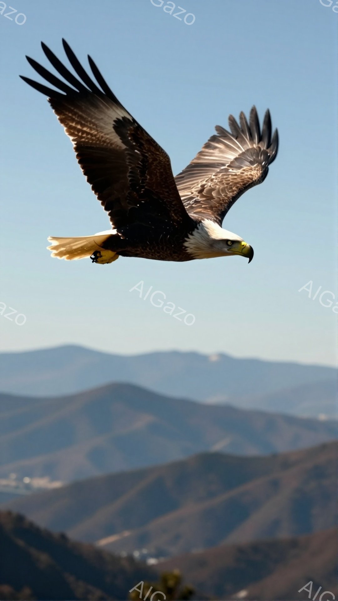 広大な山々を背景に、力強いアメリカワシが翼を広げて空を飛んでいる。鋭い眼光と力強い爪が特徴的で、まるで王者のように堂々としている。背景の山々は霞んでおり、ワシのシルエットが際立っている。
