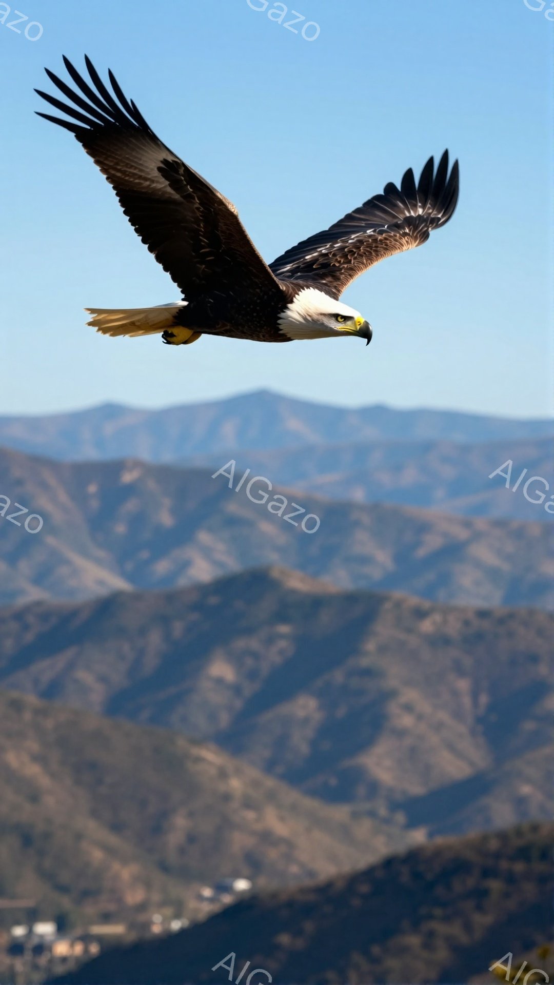 空を飛ぶハクトウワシが写っている。背景には山々が連なり、青空と白い雲が広がっている。ワシの力強い翼と鋭い眼差しが印象的だ。