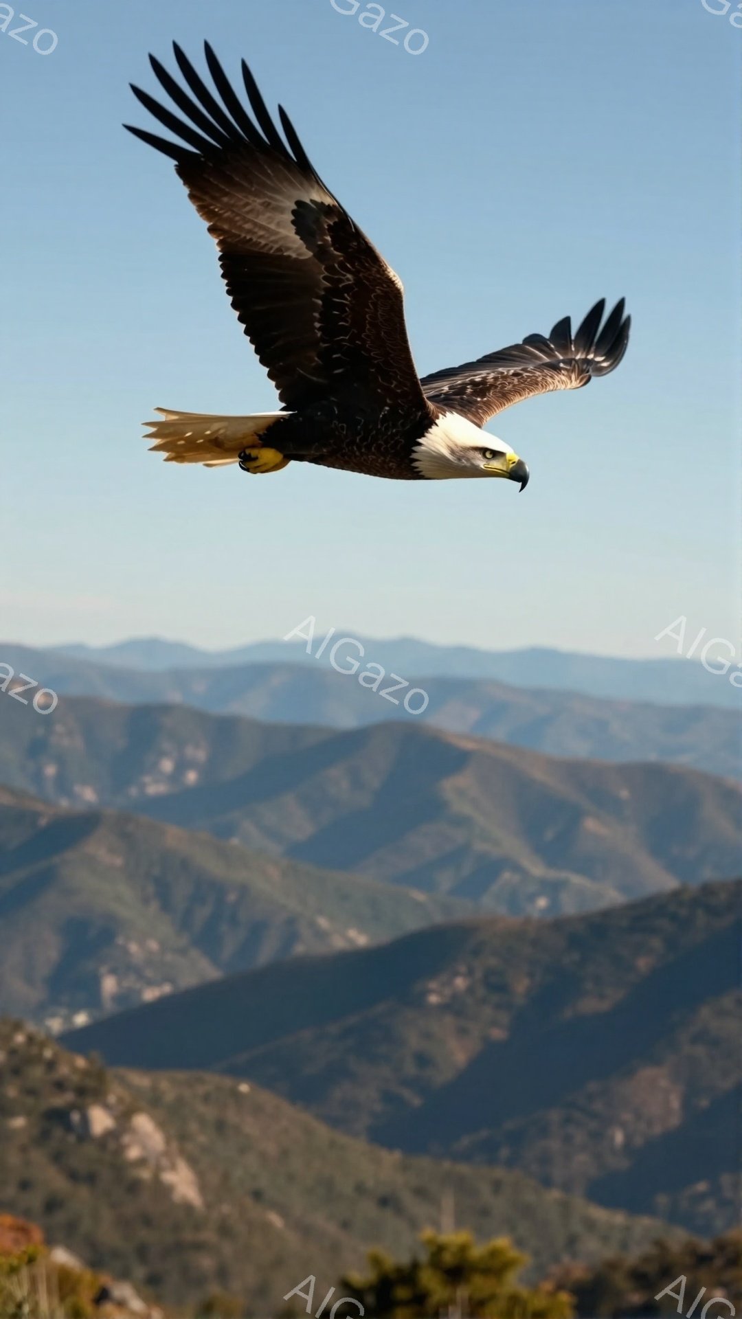 空を飛ぶハゲワシが写っている。背景には緑豊かな山々が広がり、晴れた青空とのコントラストが美しい。鳥の翼は大きく広げられ、力強く滑空している様子が伝わってくる。