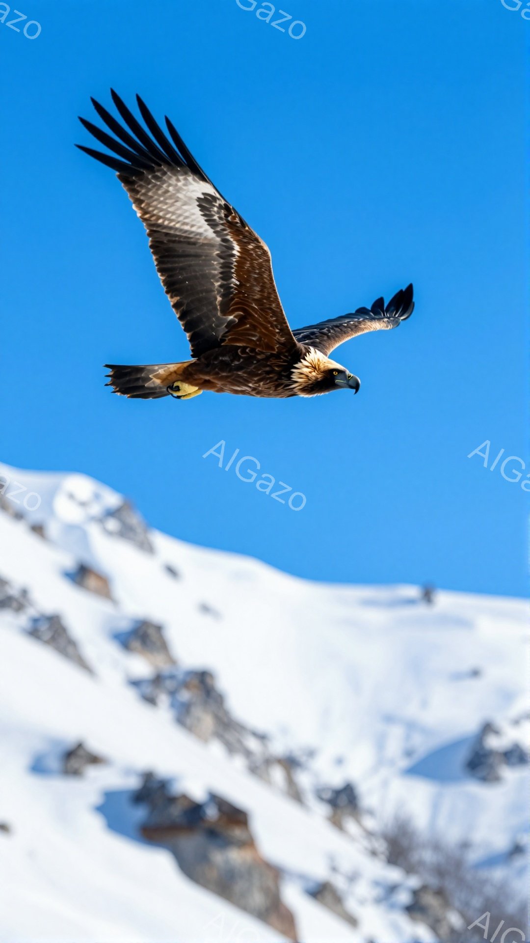 鮮やかな青空を背景に、翼を広げた大きな猛禽類が飛んでいる。雪を被った山々が遠くに見え、冬の厳しい自然環境が感じられる。鷹の力強い翼と鋭い眼差しは、自由と野生の象徴のようだ。