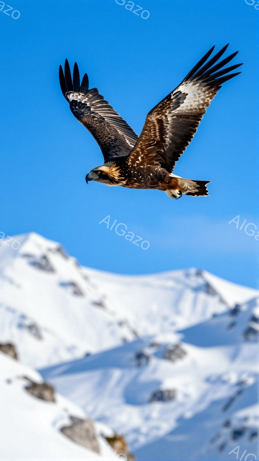 雪山を背景に、翼を広げたワシが力強く飛んでいる。青空と白い雪山のコントラストが鮮やかで、ワシの力強い姿が際立つ。自然の雄大さを感じさせる、素晴らしい光景だ。