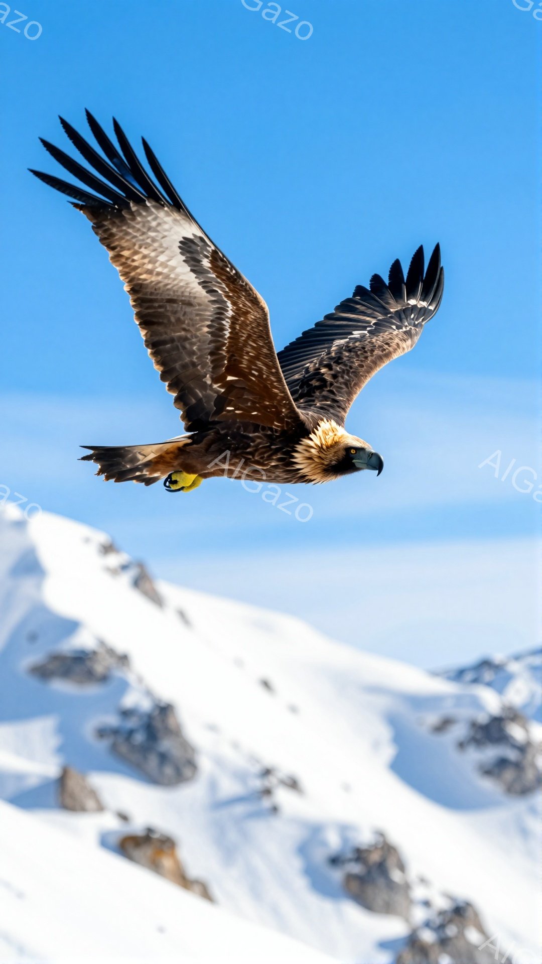 雪山を背景に、翼を広げた猛禽類が空を飛んでいる。鮮やかな青空とのコントラストが印象的で、力強く羽ばたく姿が捉えられている。冬の厳しい自然の中で生きる鳥の生命力を感じさせる一枚だ。