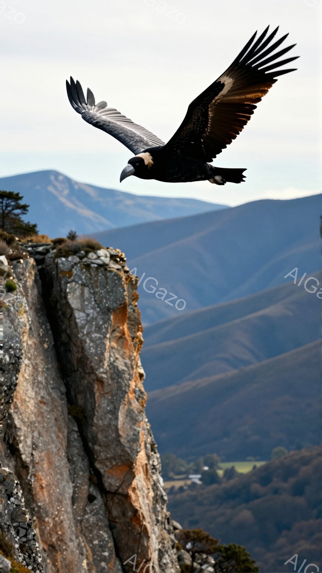 黒いハゲワシが険しい岩場の上を翼を広げて飛んでいる。背景には、青みがかった山々と緑の谷が広がり、静かで荘厳な雰囲気を醸し出している。岩肌は赤みがかっており、自然の力強さを感じさせる。