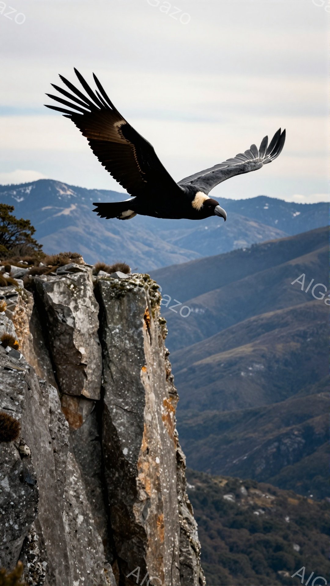 巨大なハゲワシが山々の上の険しい崖の縁を飛び、翼を大きく広げています。背景には、霧に包まれた山々が広がり、荒涼とした壮大な風景が広がっています。空は曇り空で、自然の力強さと静寂を強調しています。